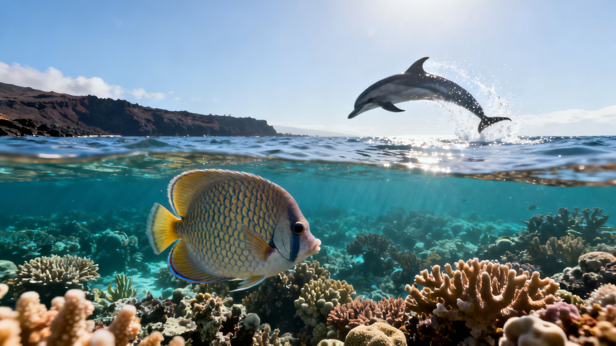 A vibrant split image showing a dolphin jumping above water and a colorful fish on a coral reef below.