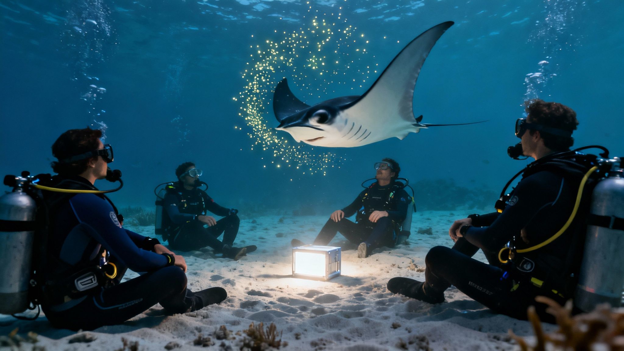Scuba divers observe a majestic manta ray in a sparkling underwater night scene with a glowing cube.