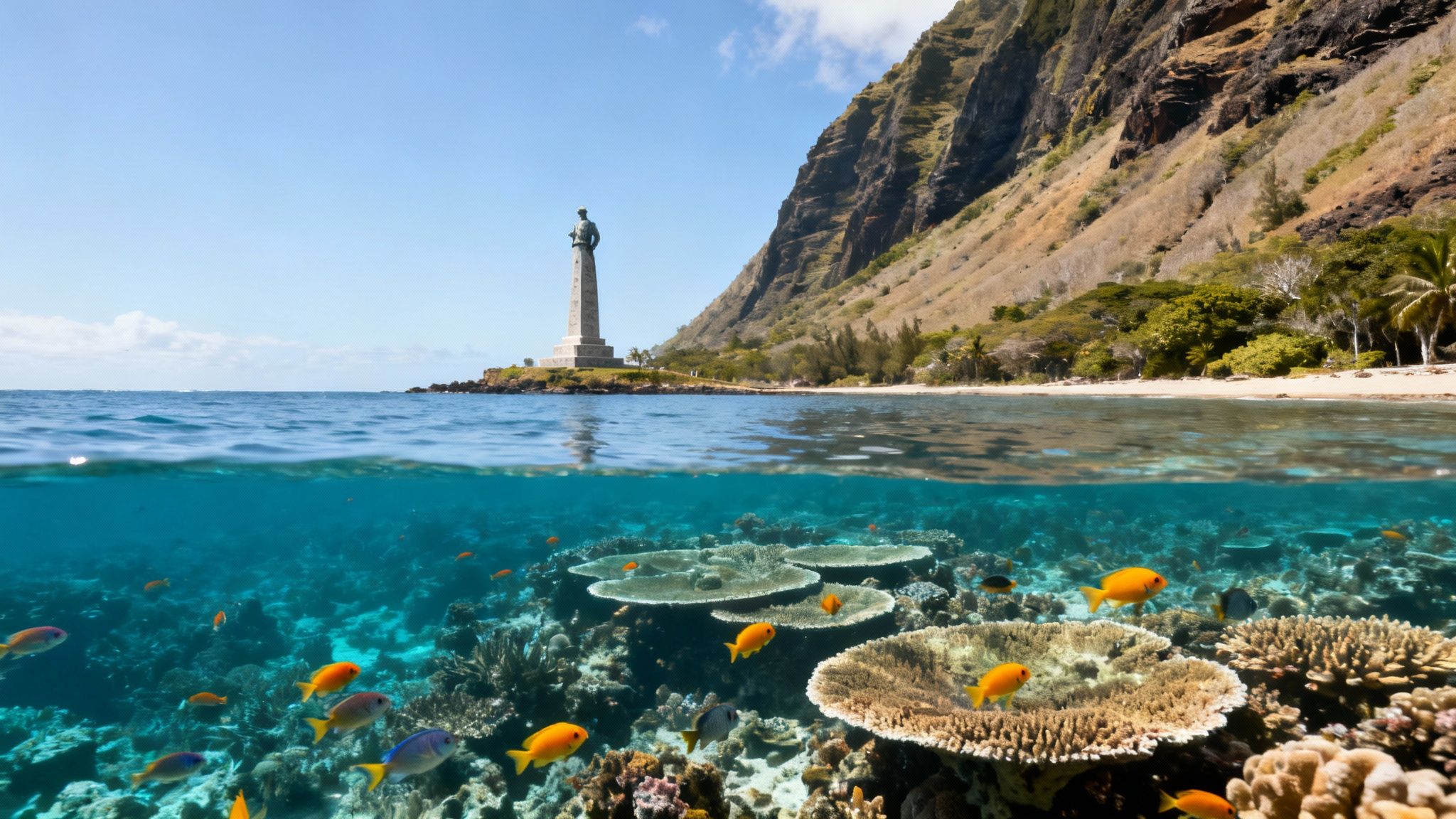 Stunning split view of a tropical island with a statue, sandy beach, mountain, and vibrant coral reef with colorful fish.
