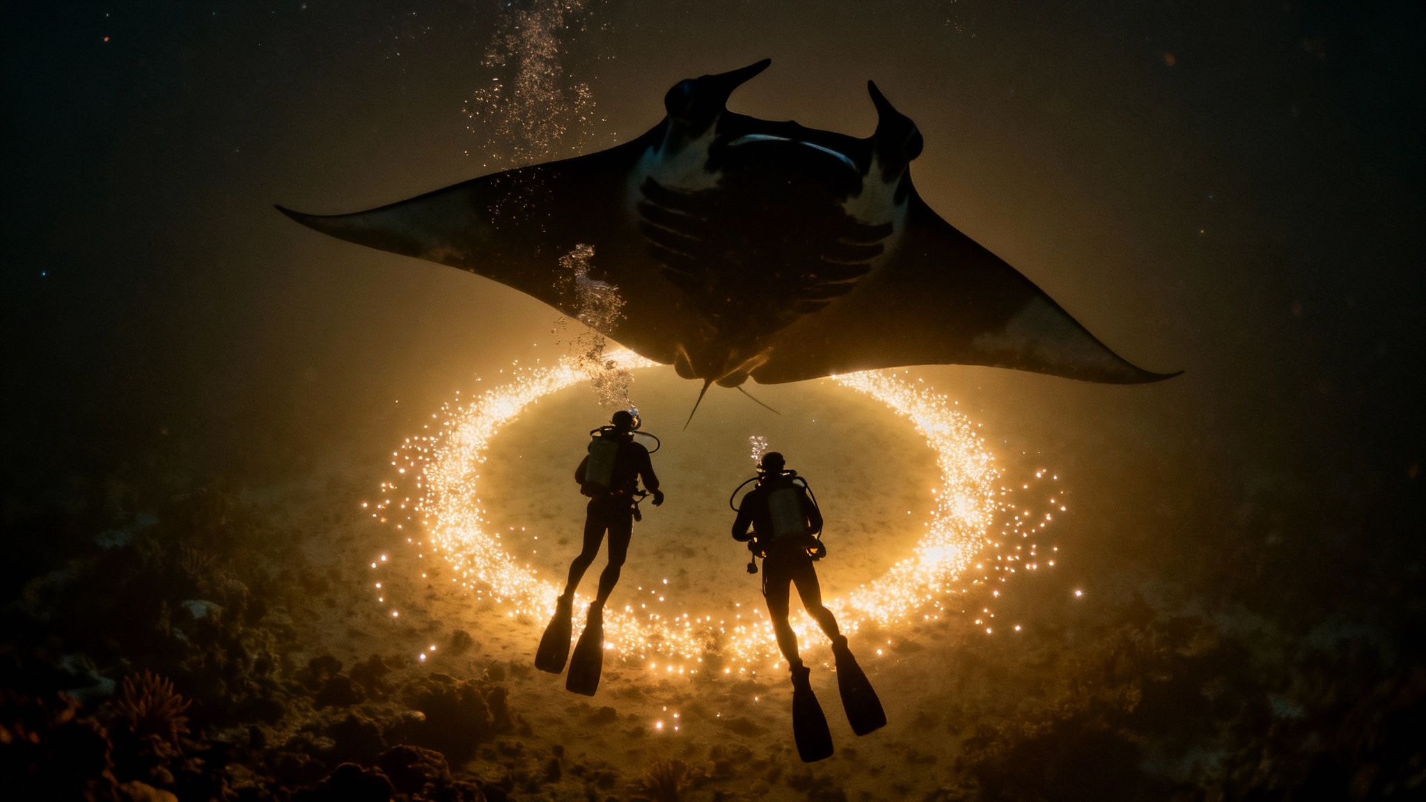 Two divers and a large manta ray illuminated by a glowing ring underwater at night.