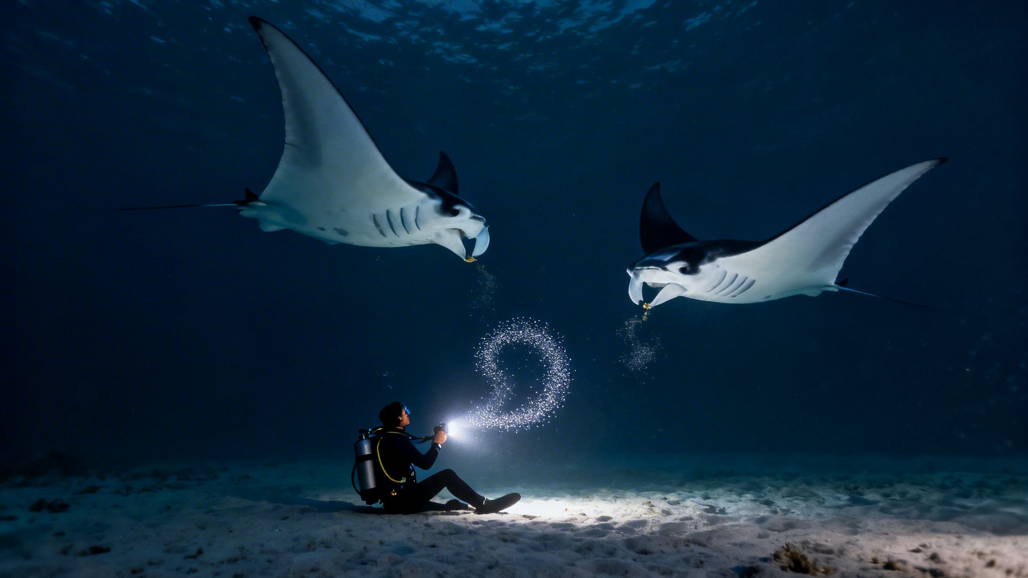 A diver shines a light, creating a circle of bubbles underwater, observed by two majestic manta rays.