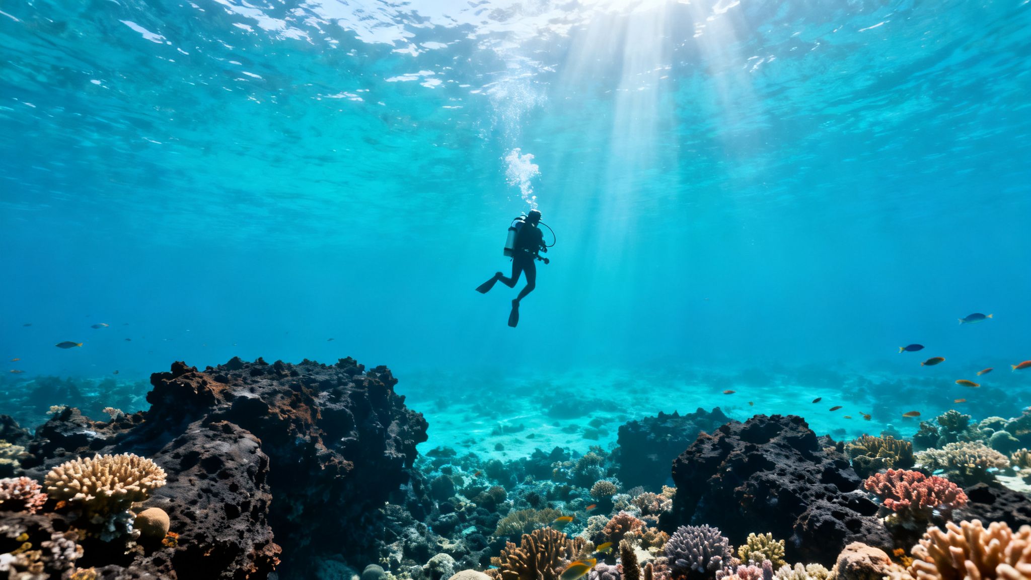 A solitary scuba diver explores a vibrant coral reef in clear blue tropical waters with sun rays.