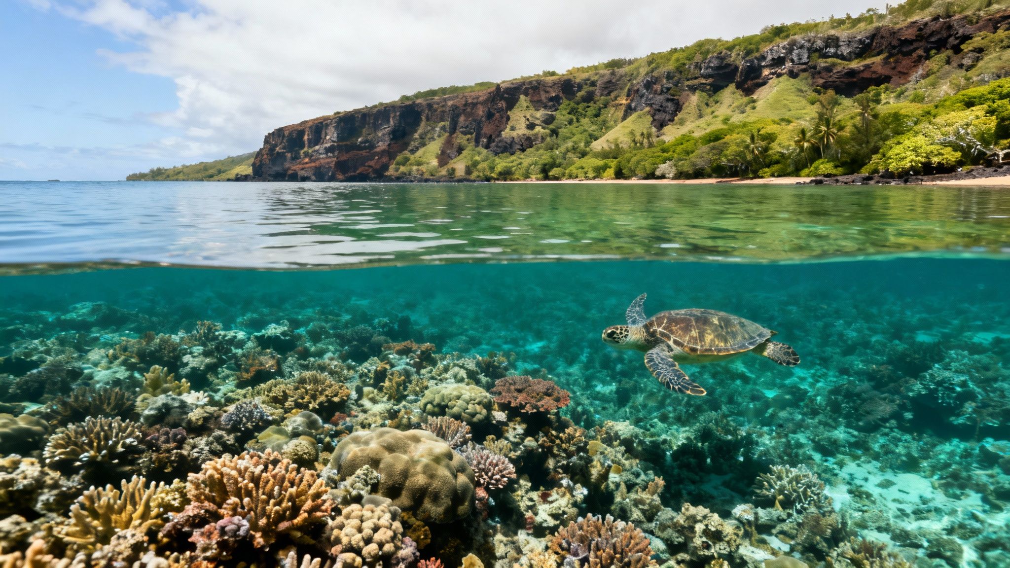 A split-level view captures a green sea turtle swimming over coral with an island above.