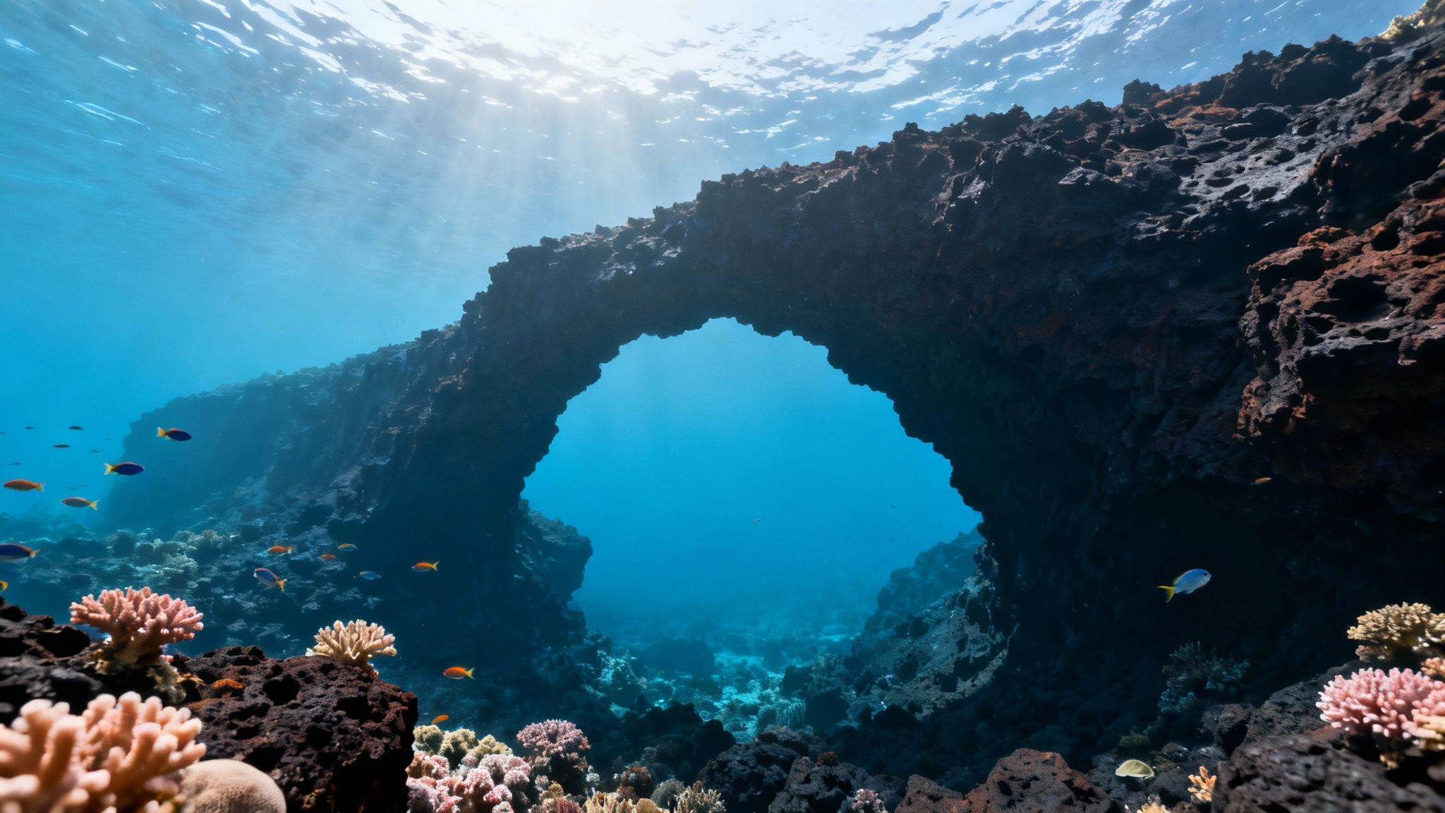 A stunning underwater view of a natural rock arch with schools of colorful fish and vibrant coral.