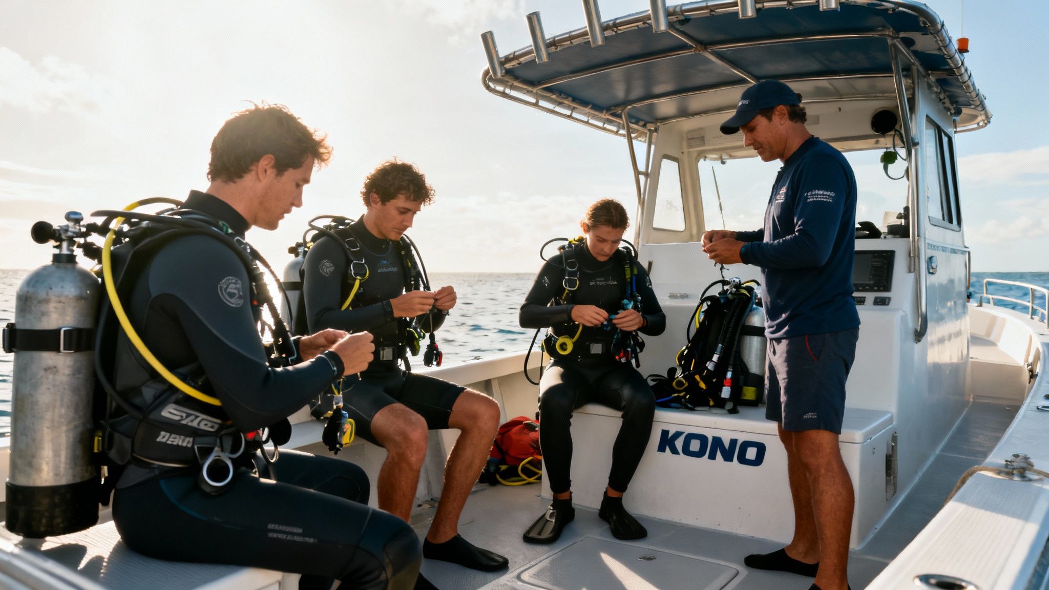 Scuba diving instructor preparing students with gear on boat before dive training session
