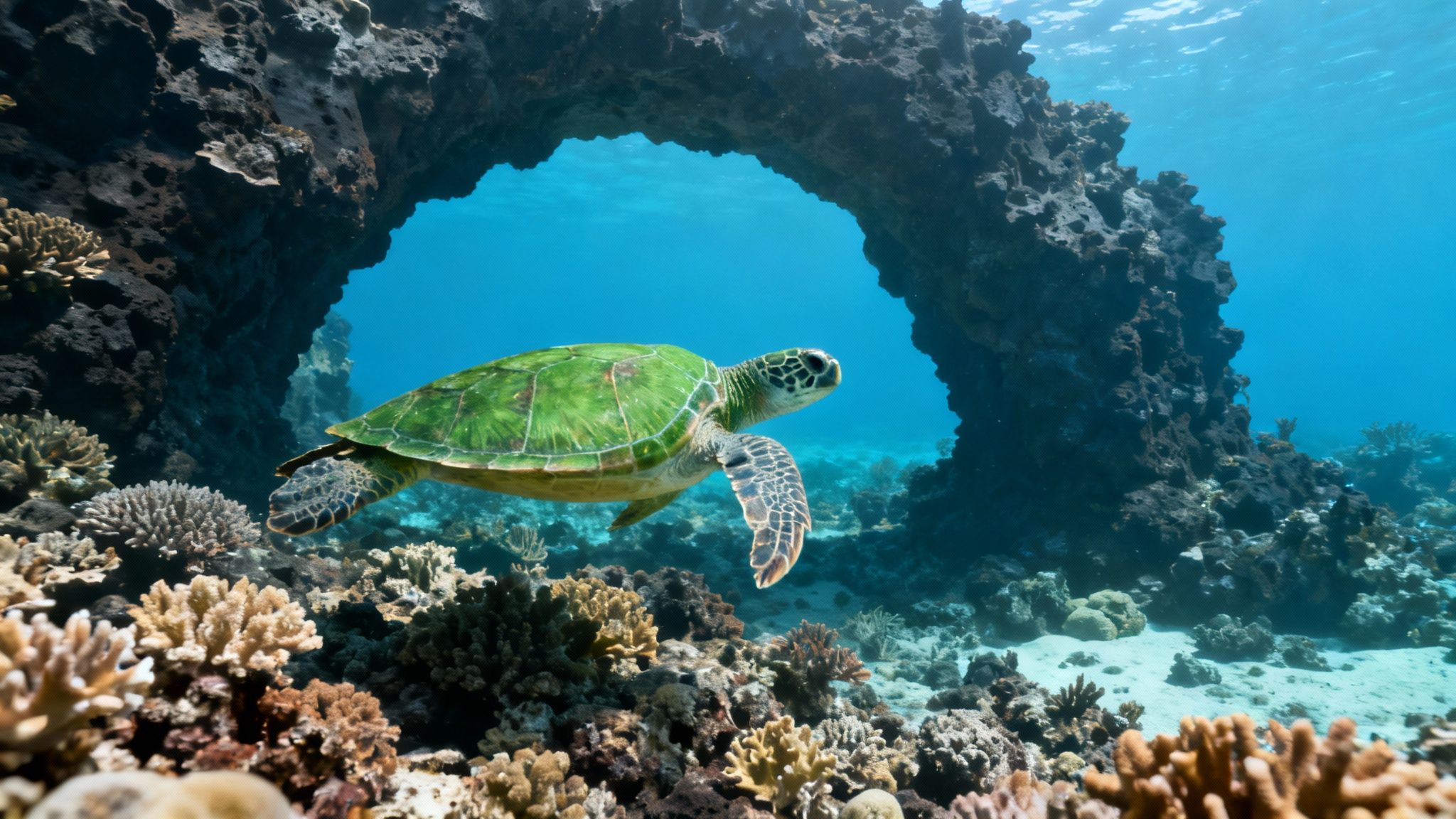 A scuba diver swims past a vibrant coral reef in Kona, Hawaii.
