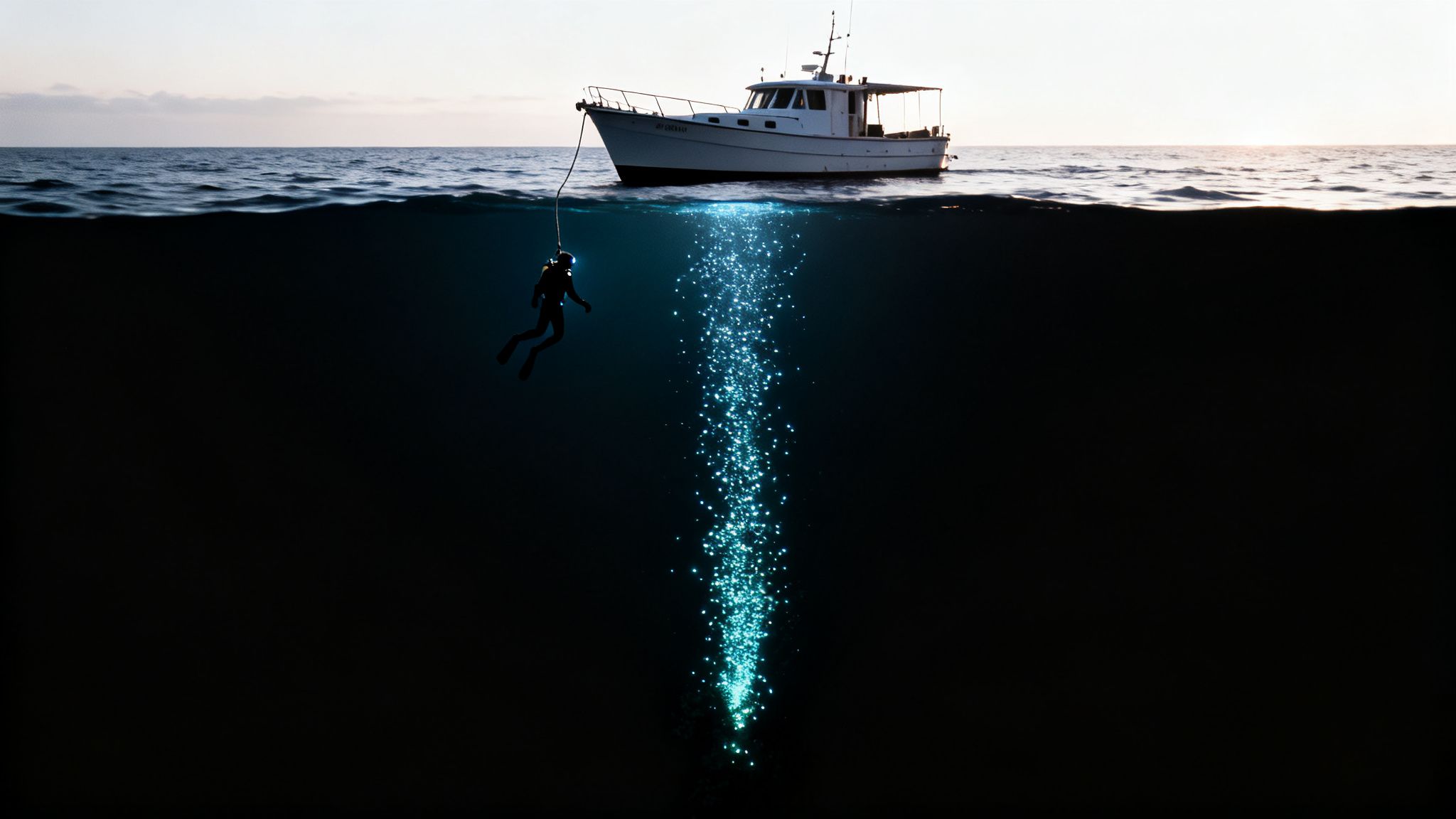 A diver descends into dark ocean waters from a boat, illuminated by a bright column of light.