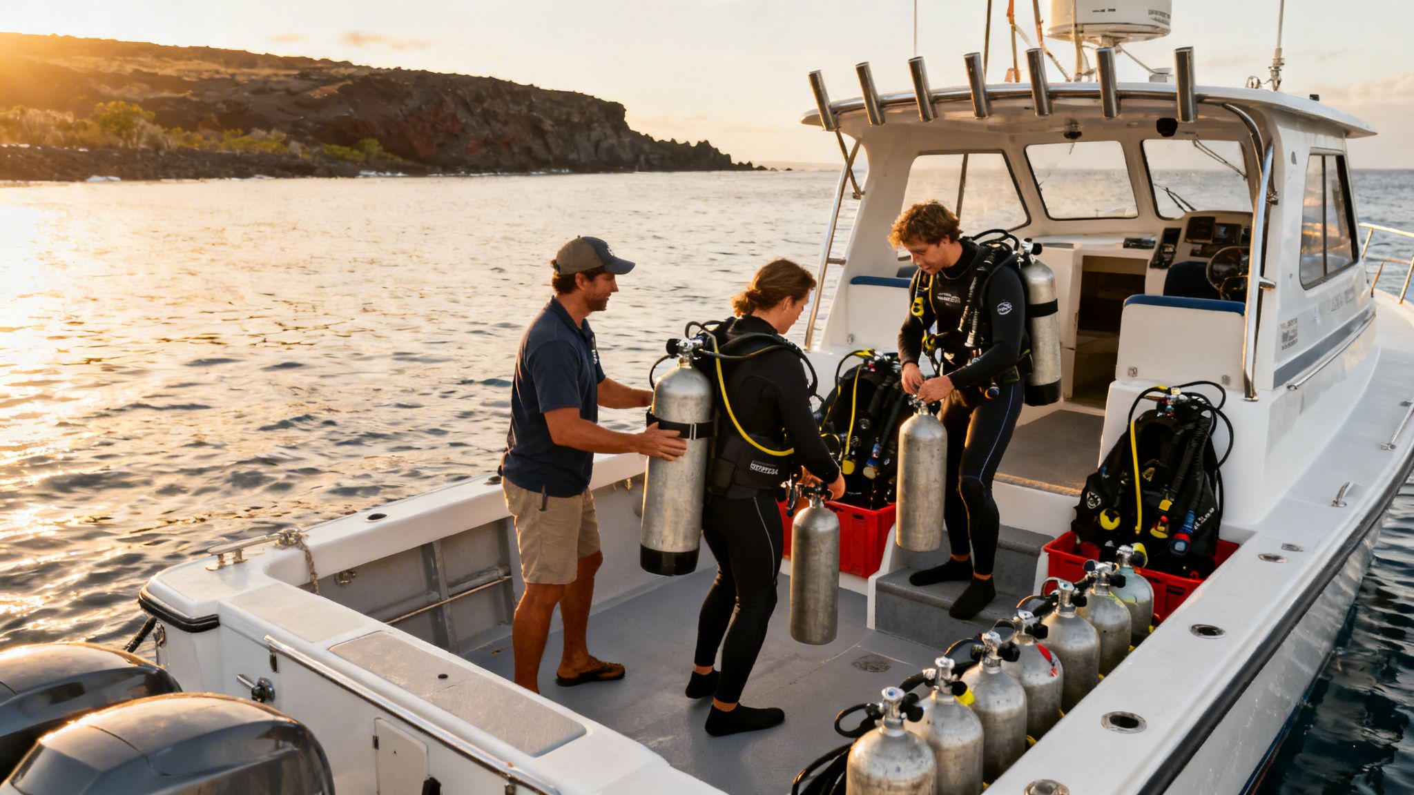 Three people on a boat, two in wetsuits, prepare scuba tanks and gear for a dive.