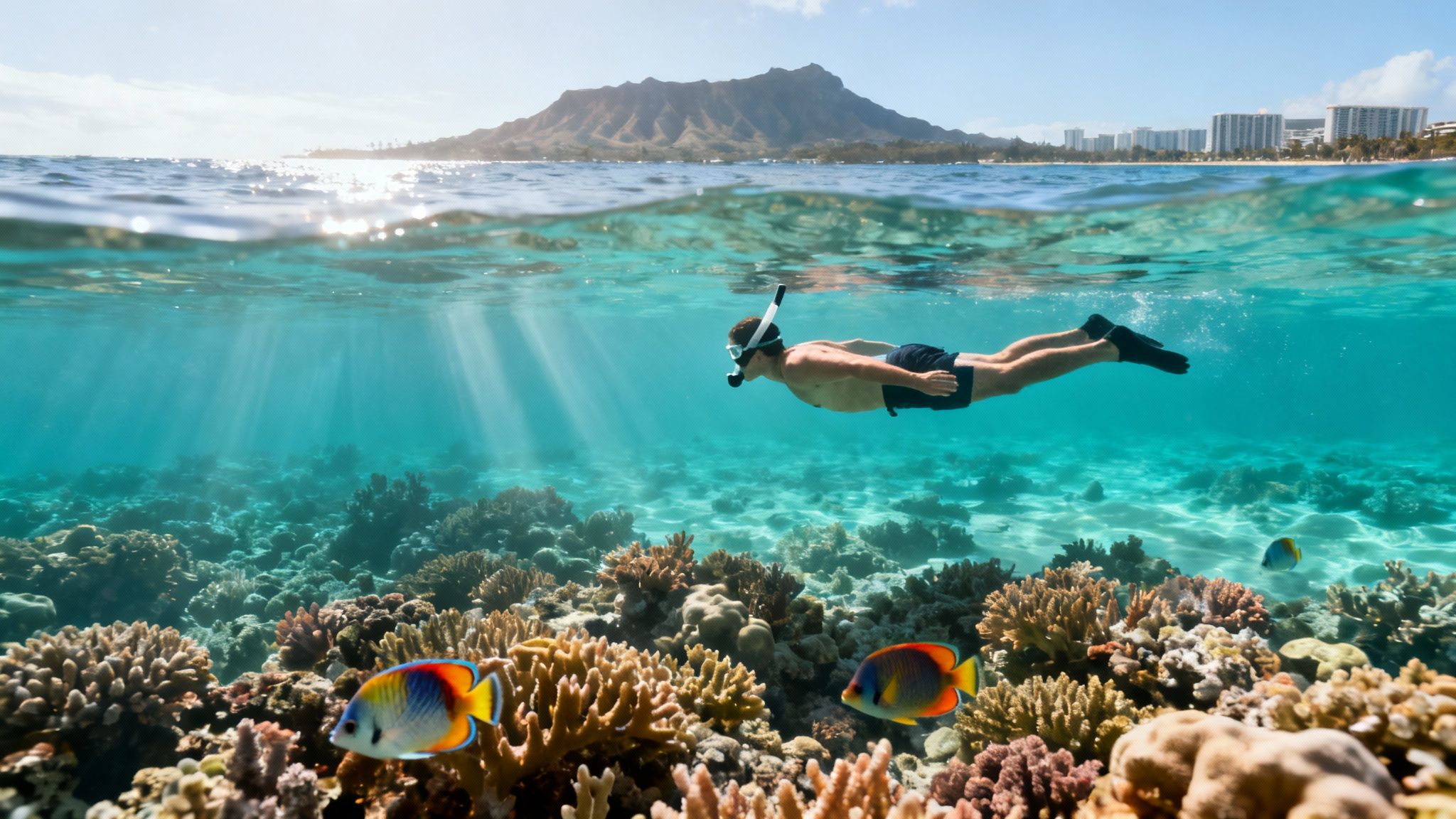 A person snorkeling over a vibrant coral reef with tropical fish, with Diamond Head and Honolulu cityscape in the background.