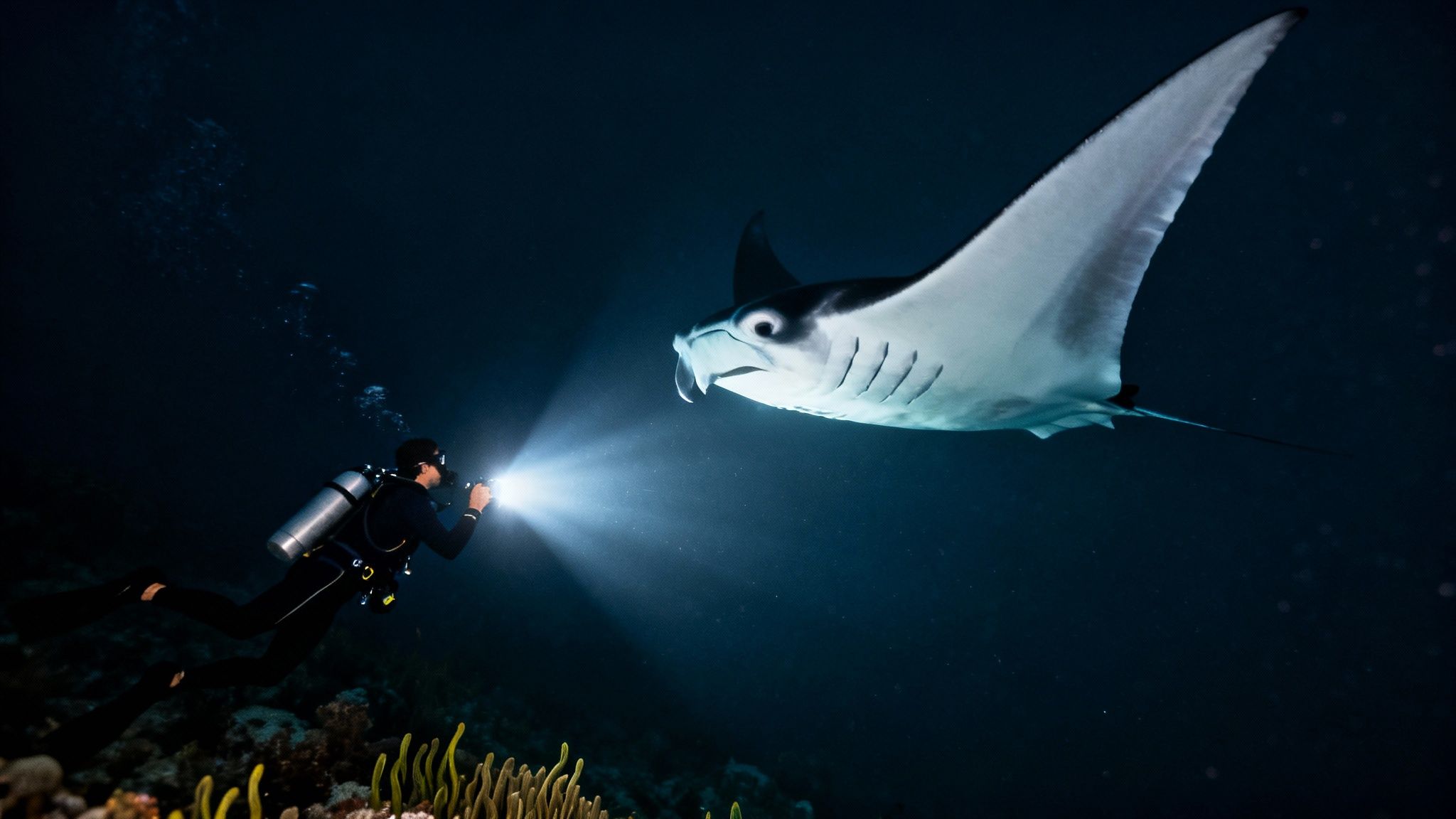 A diver with a flashlight illuminates a majestic manta ray swimming gracefully in dark ocean depths.