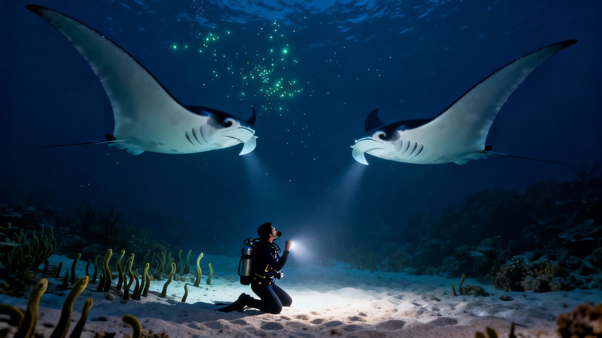 A diver on the sandy seabed at night illuminates two large manta rays above with a flashlight.