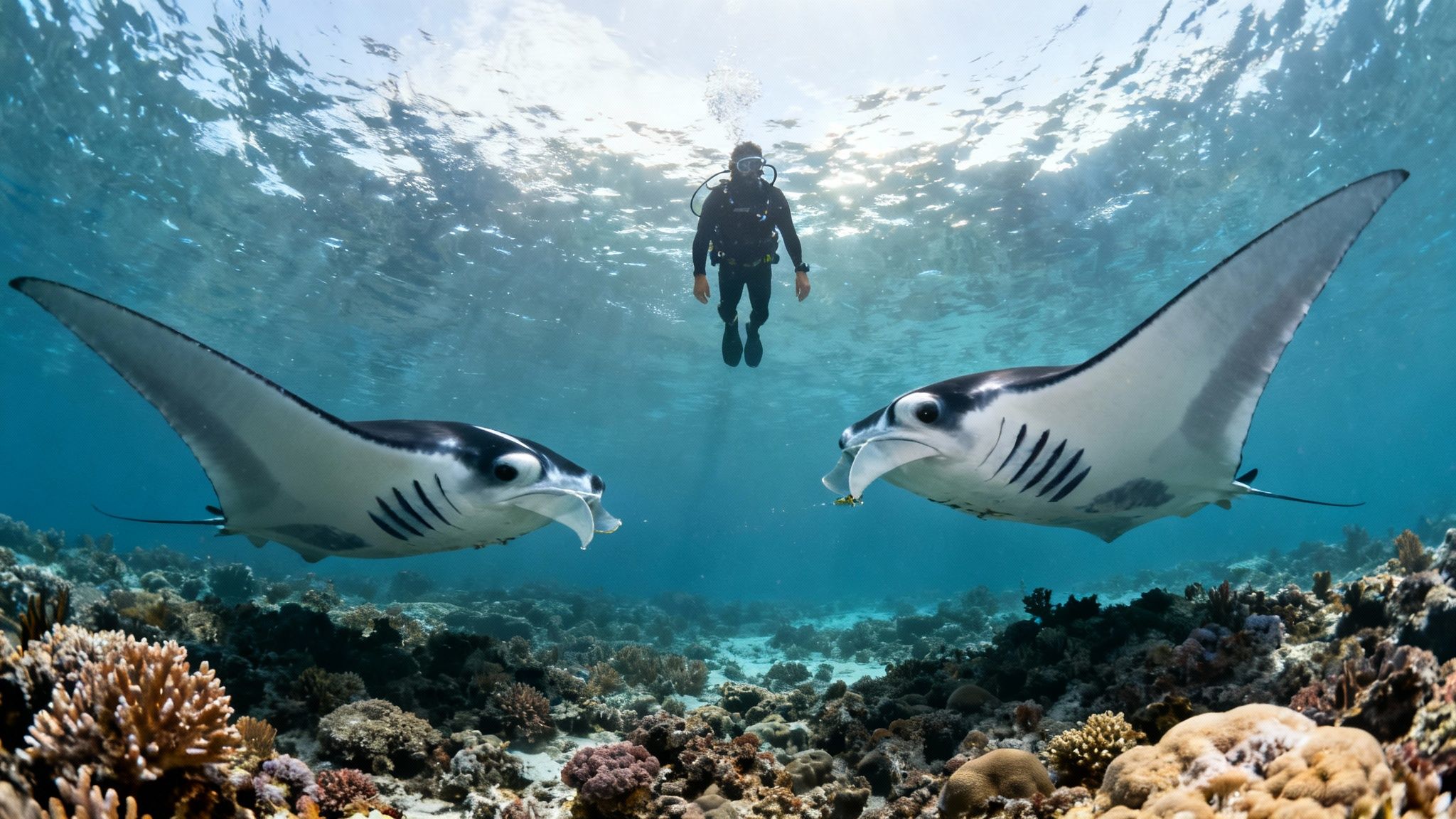 A diver observes two magnificent manta rays swimming gracefully over a vibrant coral reef.