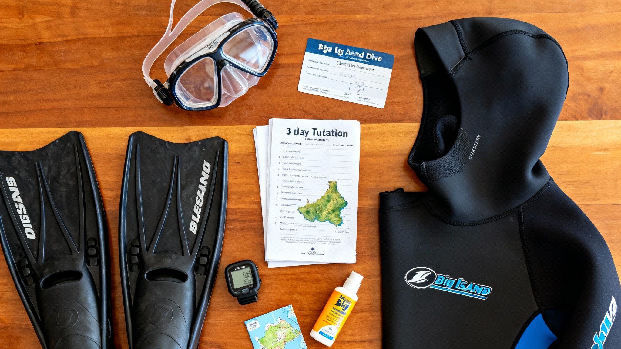 A flat lay of essential scuba diving gear, including a wetsuit, mask, fins, and dive documents.