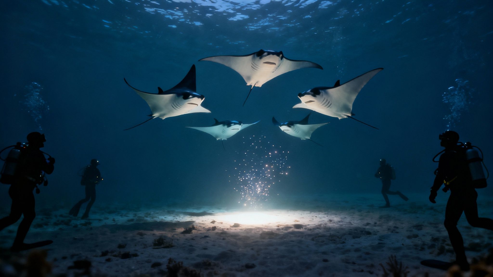 A giant manta ray swims gracefully over scuba divers during a night dive on the Big Island.