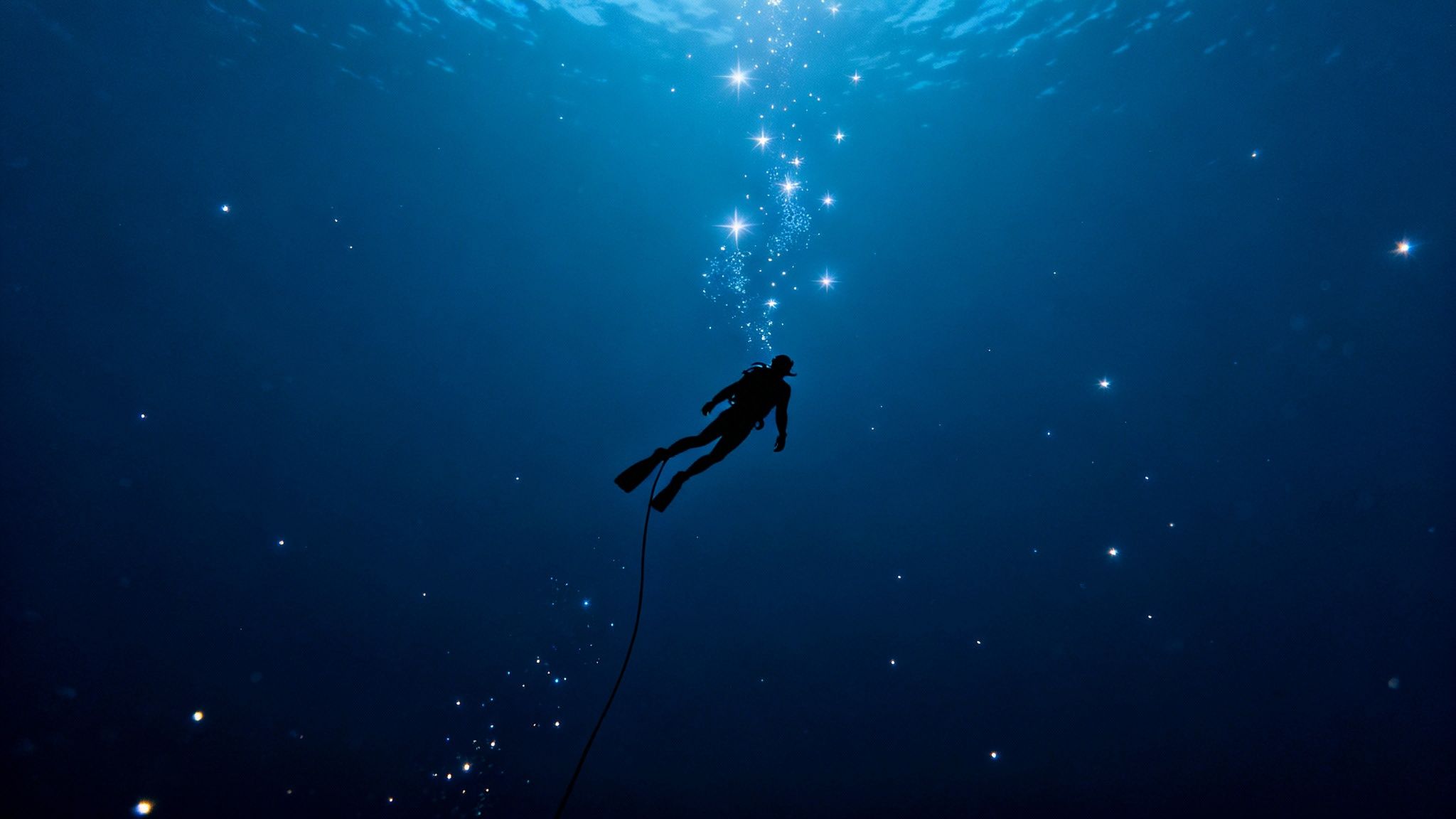 A solitary diver in silhouette ascends from deep blue water, surrounded by sparkling star-like bubbles.