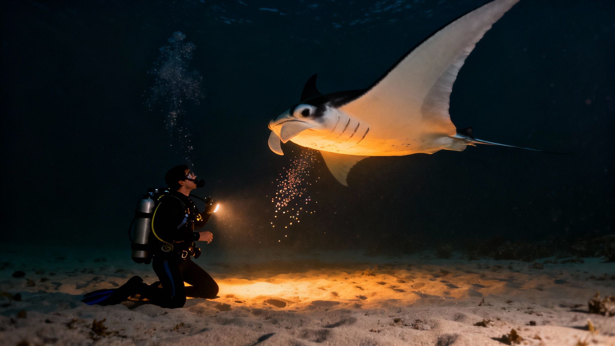 Scuba diver with flashlight encountering massive manta ray gliding over sandy ocean floor at night