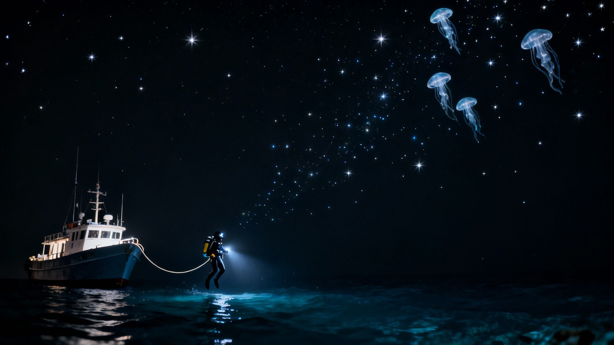 A scuba diver shines a light into the deep, dark ocean during a blackwater dive, illuminating small, bioluminescent creatures.