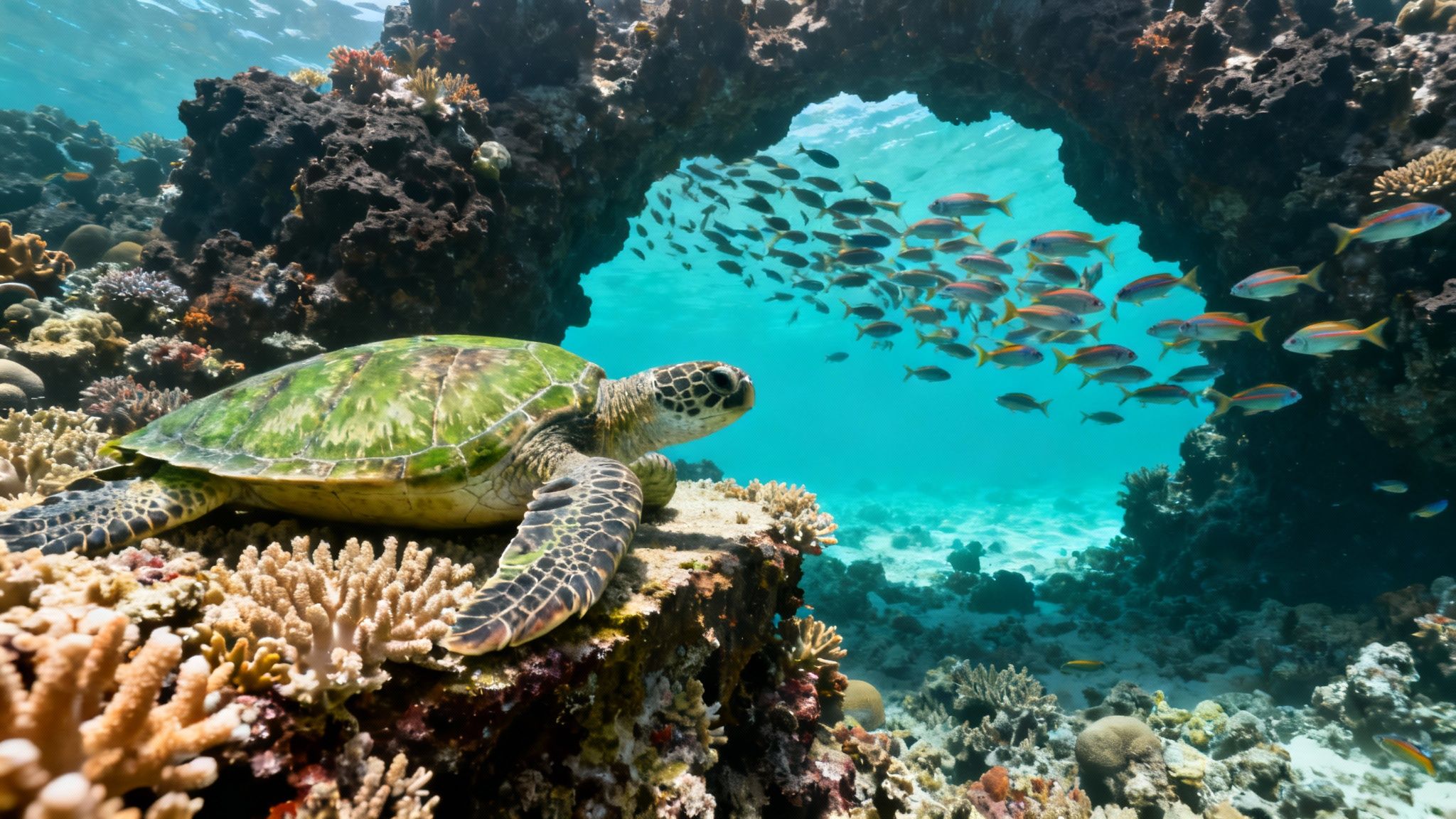 A majestic green sea turtle rests on a vibrant coral reef, with a school of fish swimming through an underwater arch.