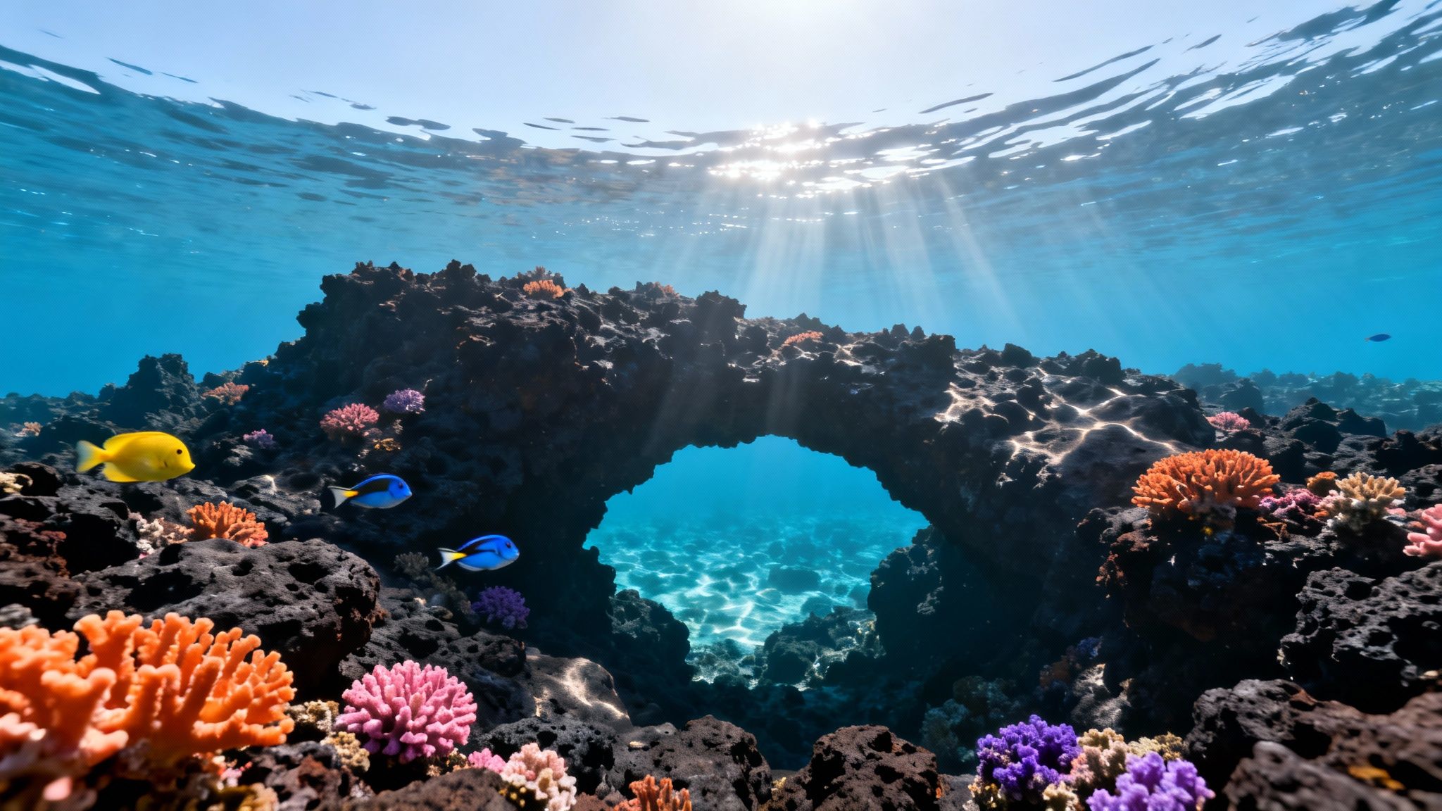 Colorful coral reef underwater with tropical fish, a rock arch, and sunrays from above.