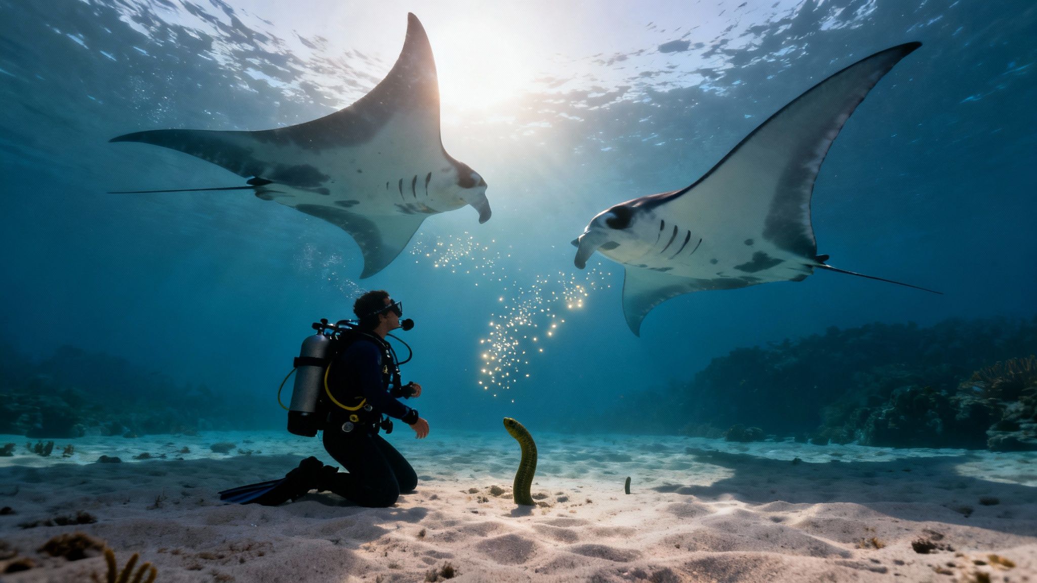 A diver observes two majestic manta rays swimming above a garden eel on a bright sandy ocean floor.