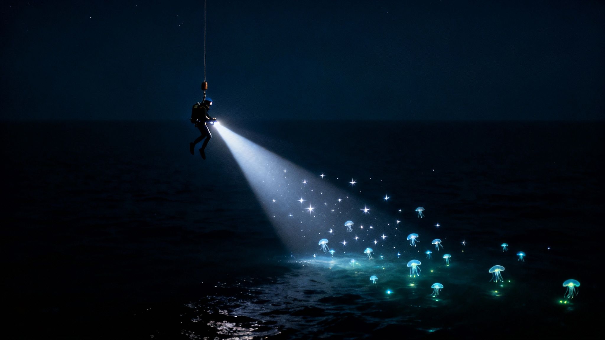 A diver suspended above dark ocean water shines a bright light, illuminating many glowing jellyfish and sparkling light.