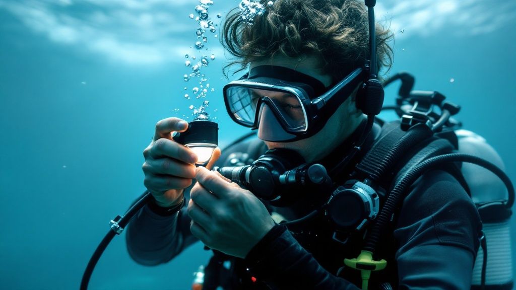 Divers in the water at night watching a large manta ray swim above them.