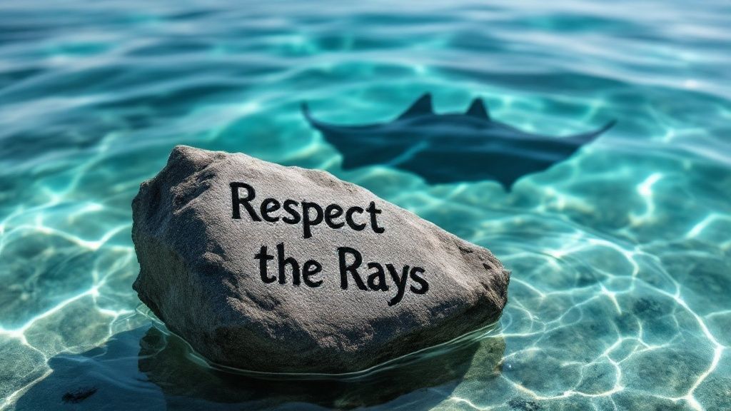A manta ray gracefully swims near the surface at night, illuminated by lights from above.