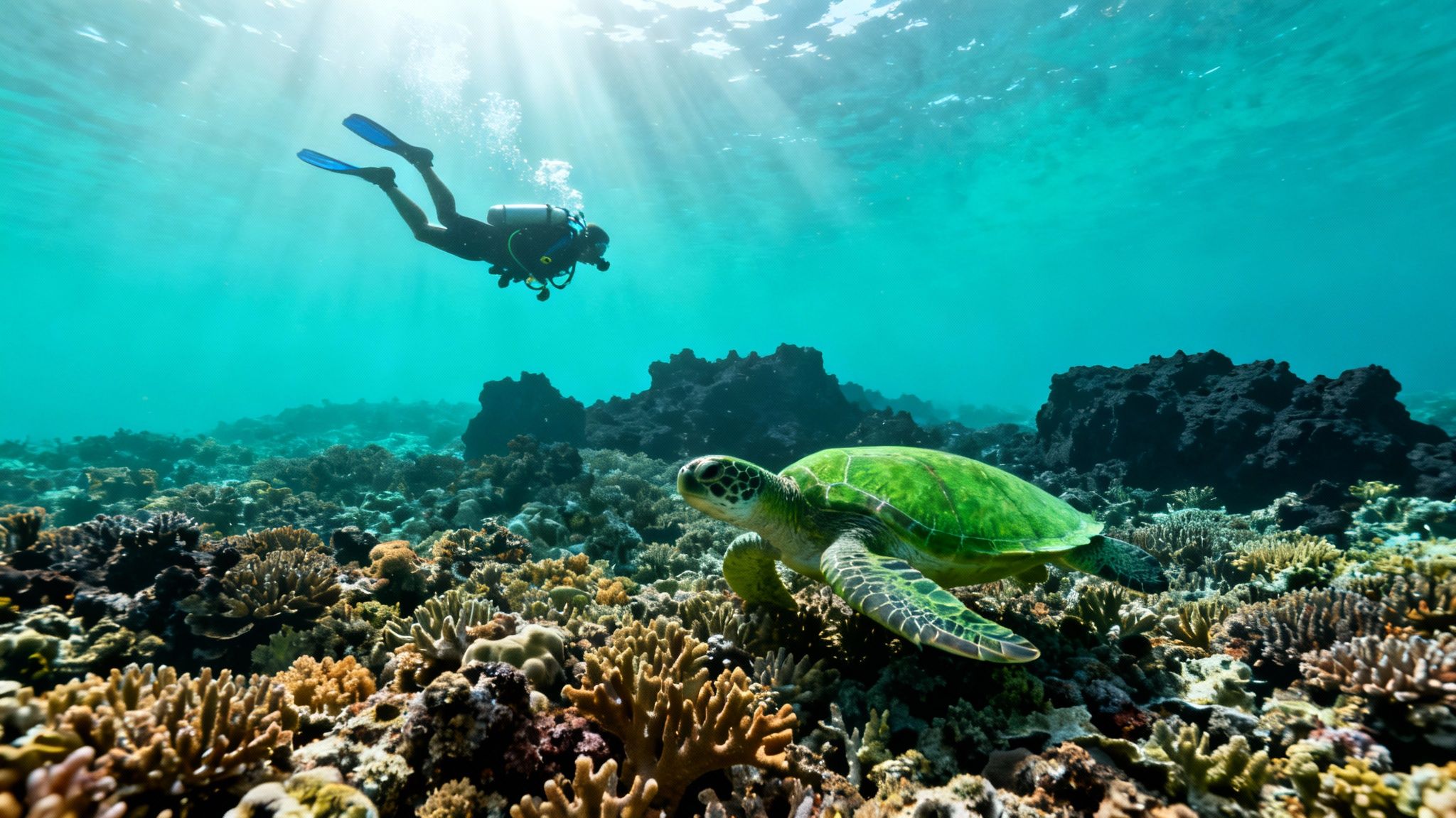 A scuba diver explores a vibrant coral reef, observing a majestic green sea turtle under sunlit water.