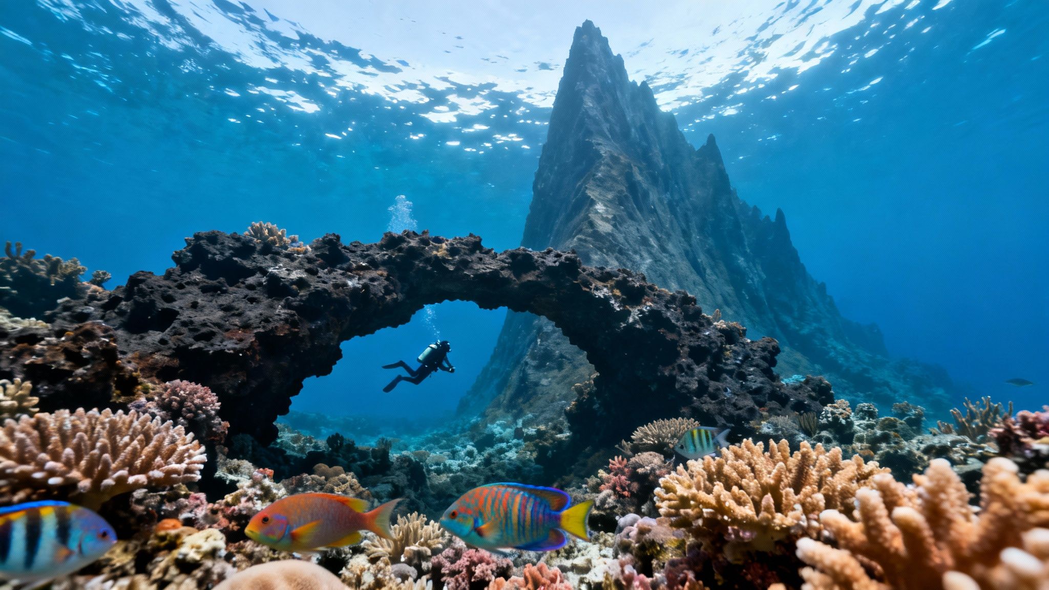 A scuba diver swims through a natural rock arch over a vibrant coral reef with an underwater mountain.