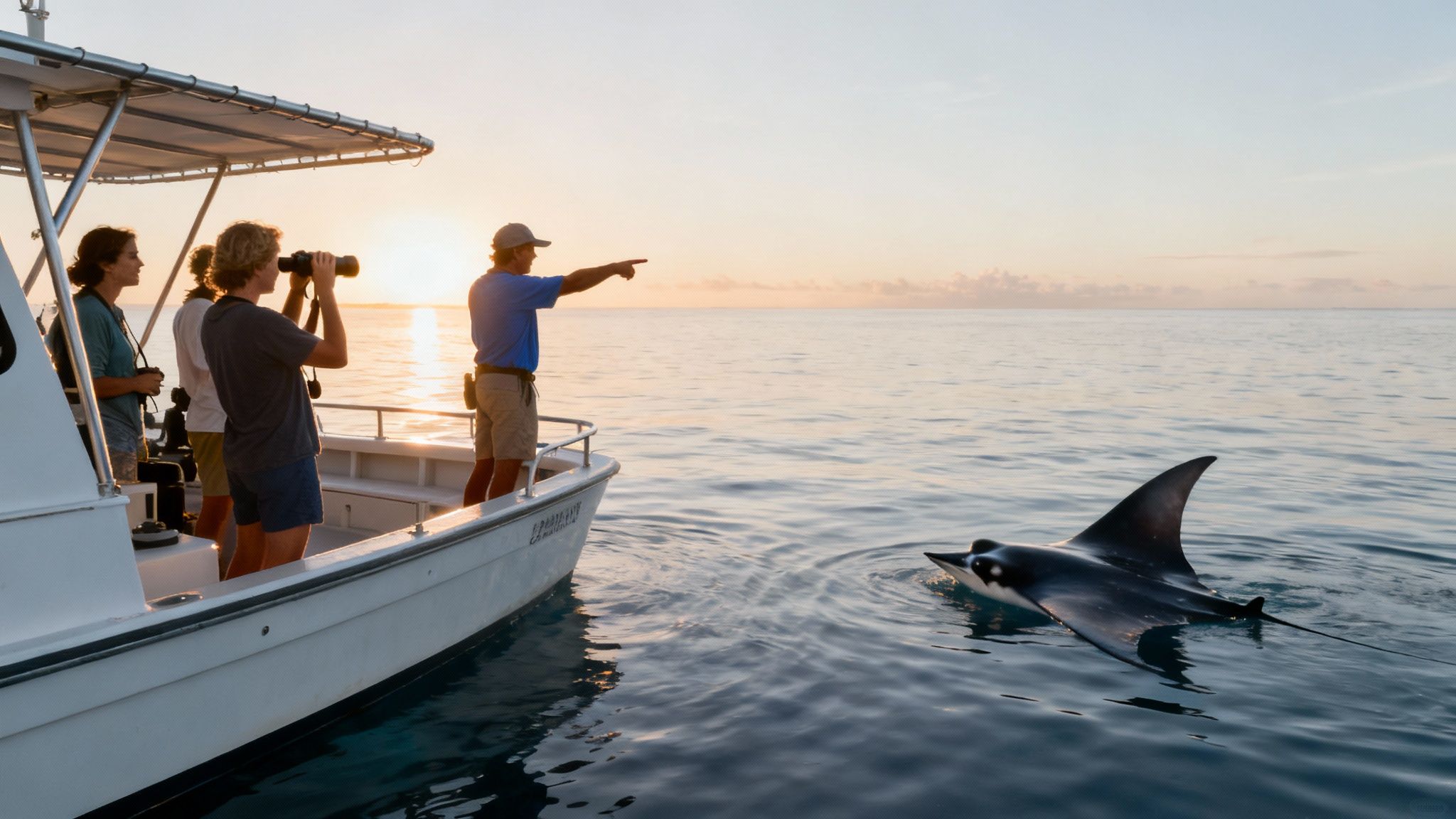 A group of scuba divers responsibly observing a manta ray from a safe distance on the ocean floor.