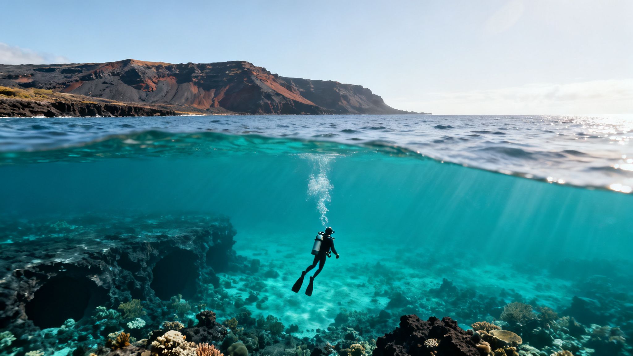 A scuba diver ascends from a vibrant coral reef, with a volcanic coastline visible above the clear blue ocean.