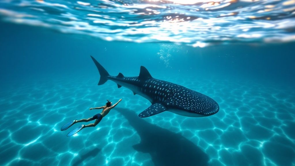 A diver swims alongside a massive whale shark, highlighting its immense scale and spotted pattern.