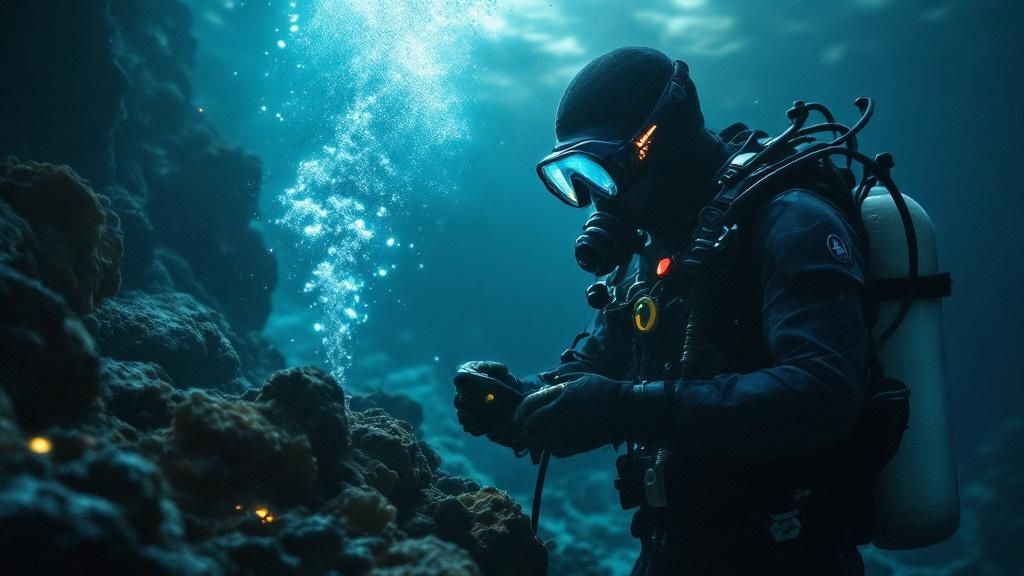A group of scuba divers preparing their gear on a boat deck before a night dive.