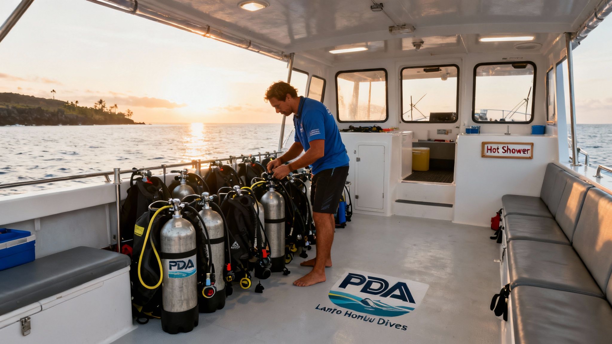 A man prepares scuba diving tanks on a boat deck during sunset, with a tropical island coastline in the distance.