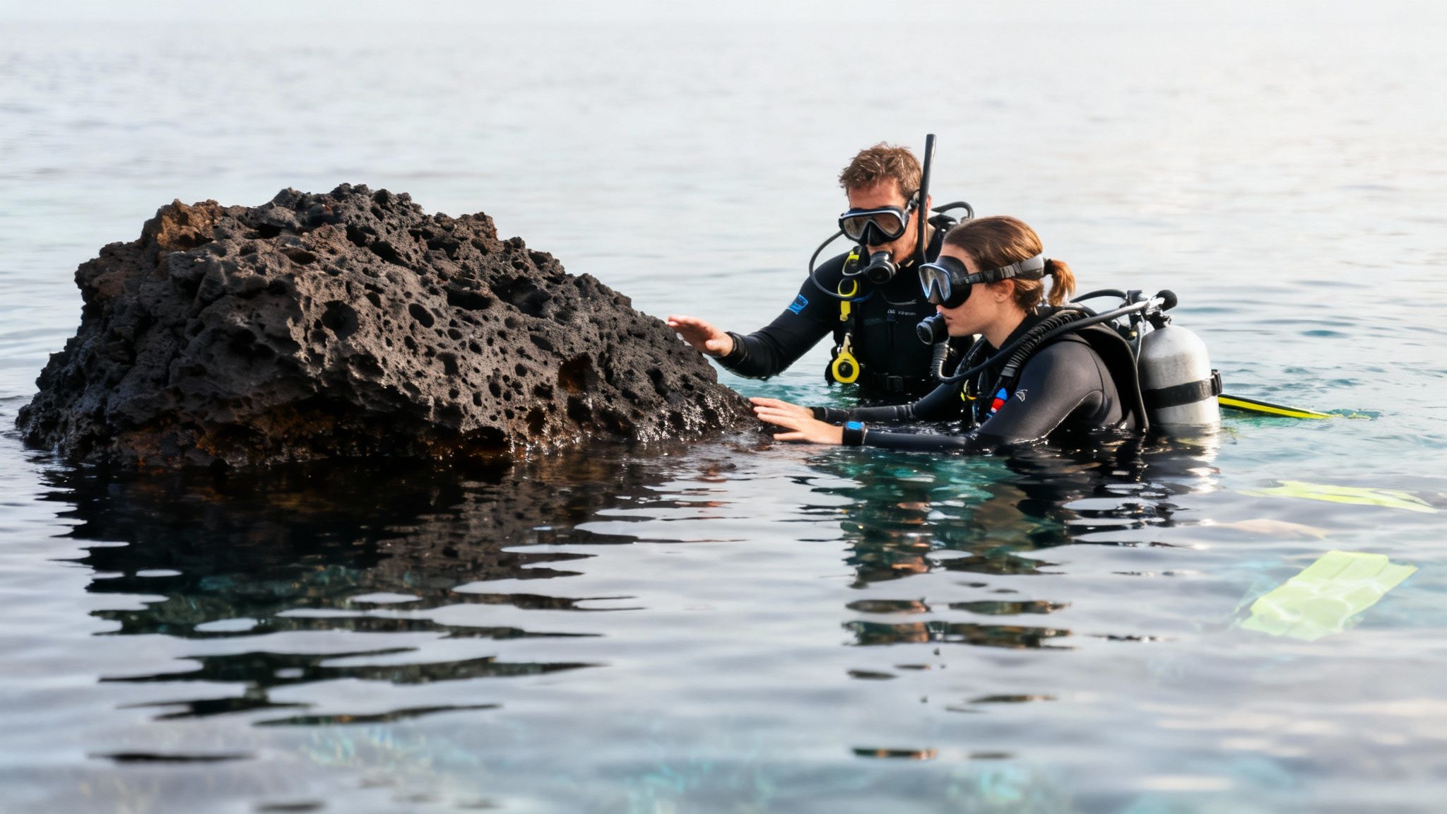 Two scuba divers, a man and a woman, observe and touch a dark volcanic rock in clear ocean water.