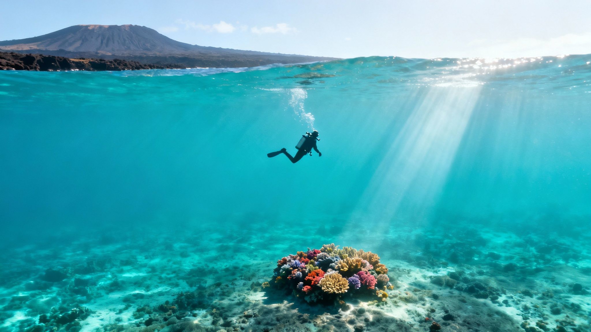 Scuba diver explores a vibrant coral reef in clear blue ocean water with an island volcano above.