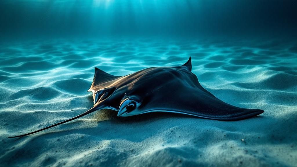 A giant manta ray swims gracefully in the dark ocean, illuminated by dive lights.