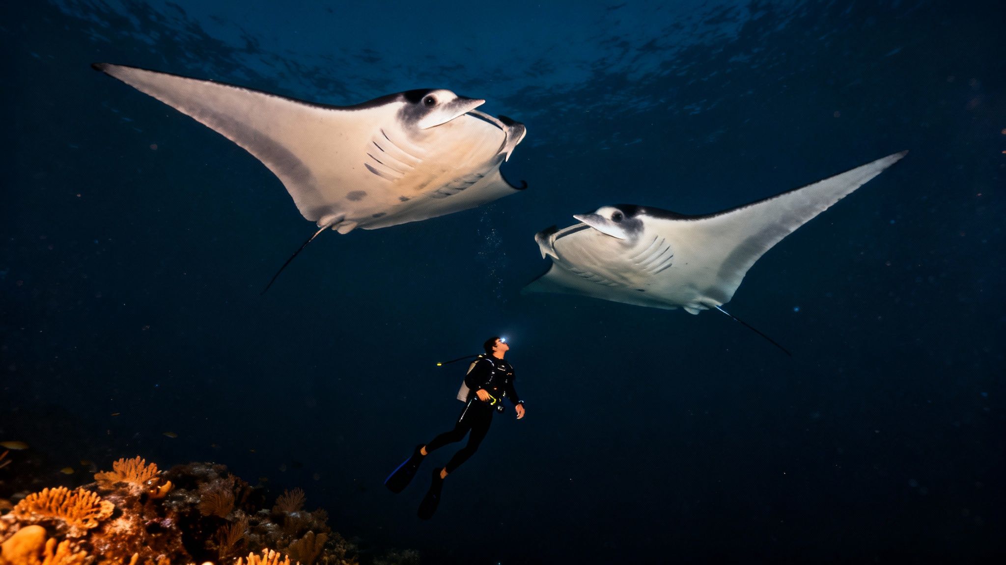 A group of manta rays gracefully swimming at night, illuminated by divers' lights on a Big Island manta ray dive.