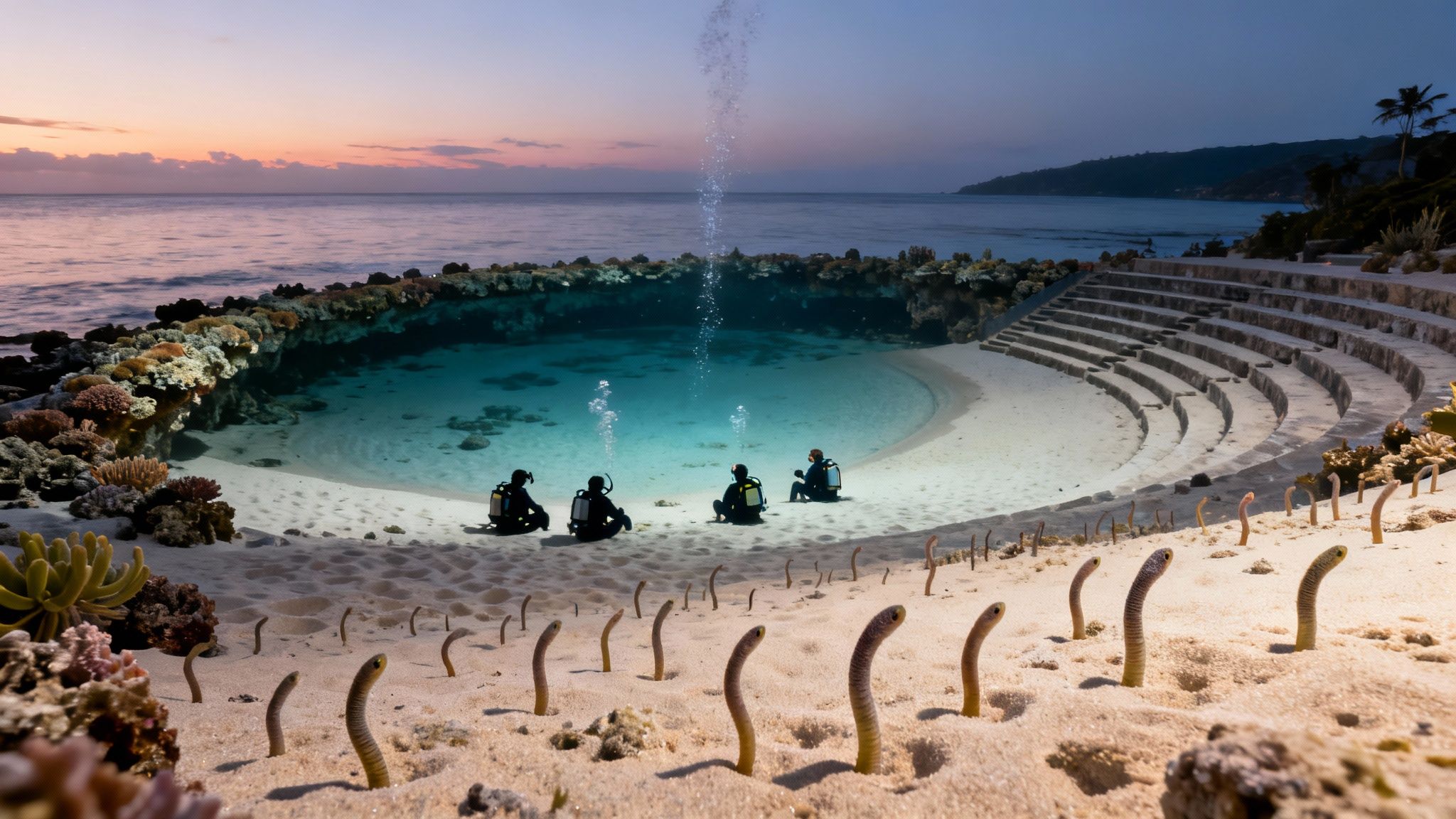Four scuba divers in a unique marine amphitheater with garden eels during a beautiful sunset.