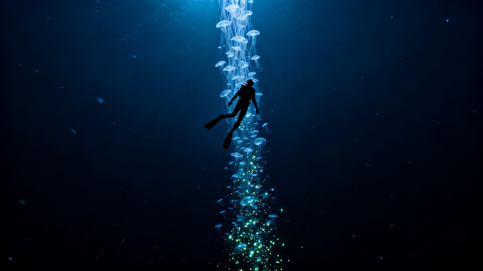 A diver's silhouette ascends through glowing jellyfish and bioluminescent particles in deep blue water.