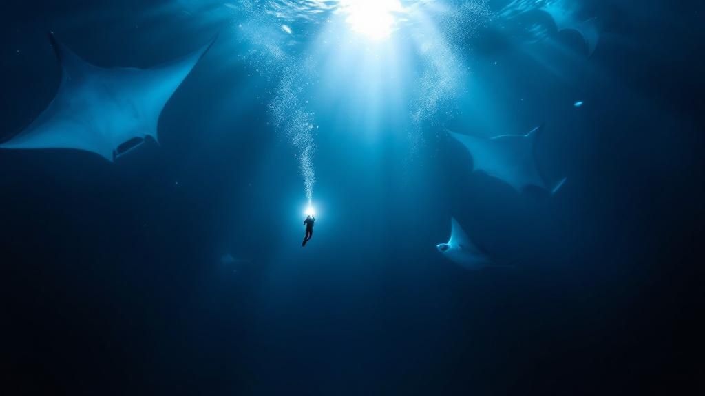 A close-up underwater shot of a manta ray swimming gracefully at night, its belly glowing white from dive lights.