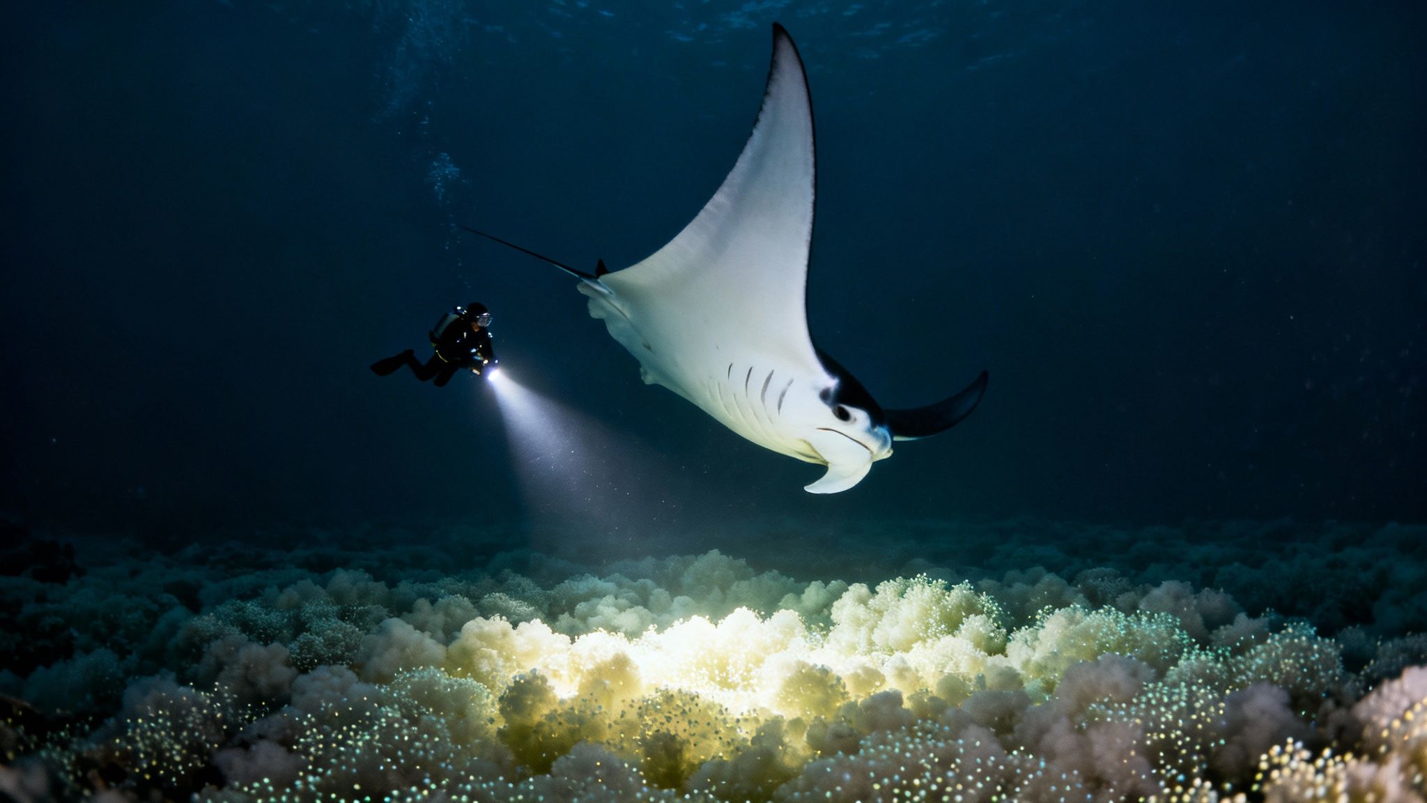 A diver illuminates a majestic manta ray swimming over a glowing coral reef during a night dive.