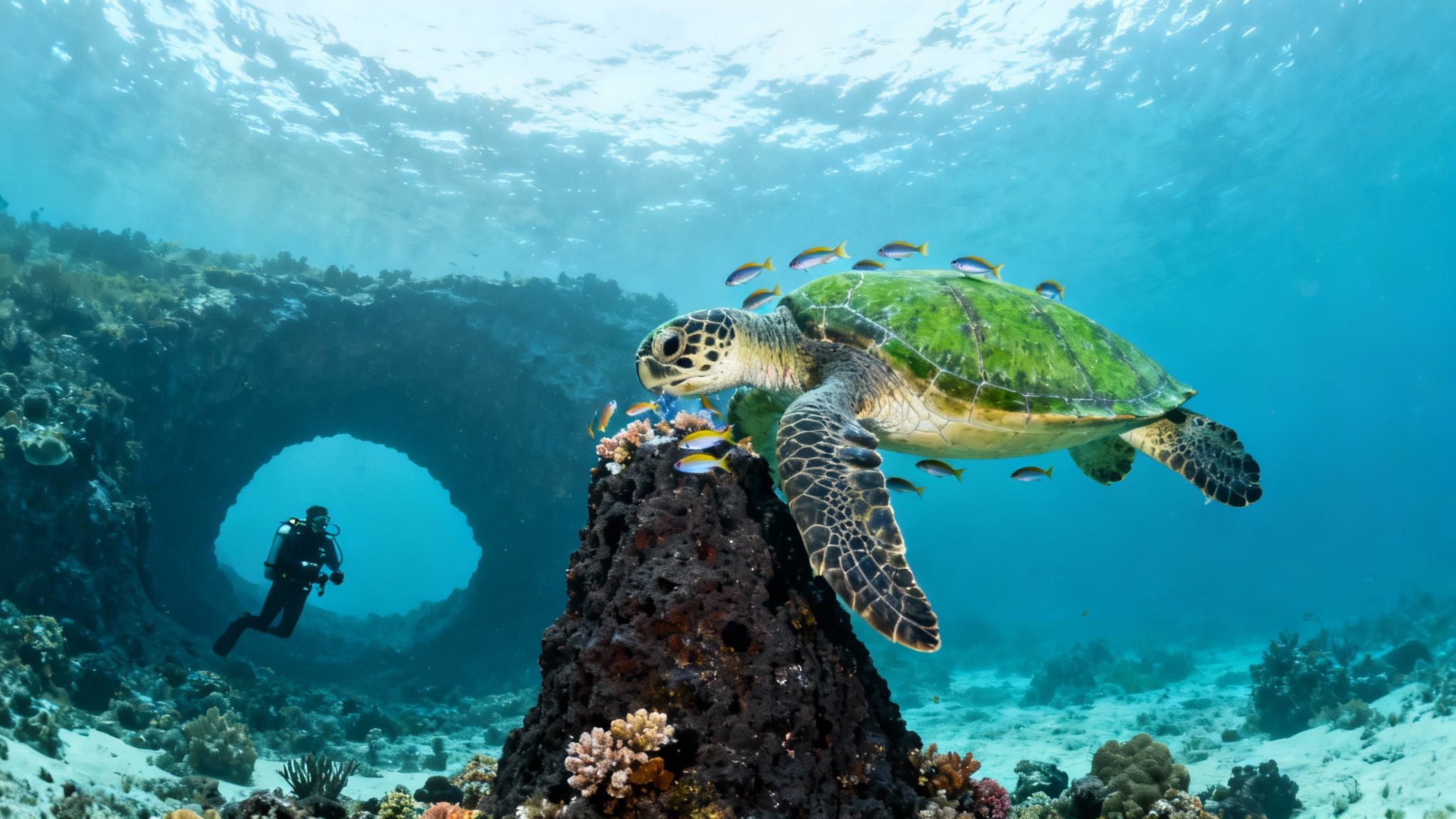 A diver observes a green sea turtle feeding on a coral structure near an underwater arch in clear blue water.