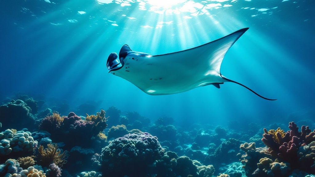 Two snorkelers watch a large manta ray from the surface at night, illuminated by a light board.