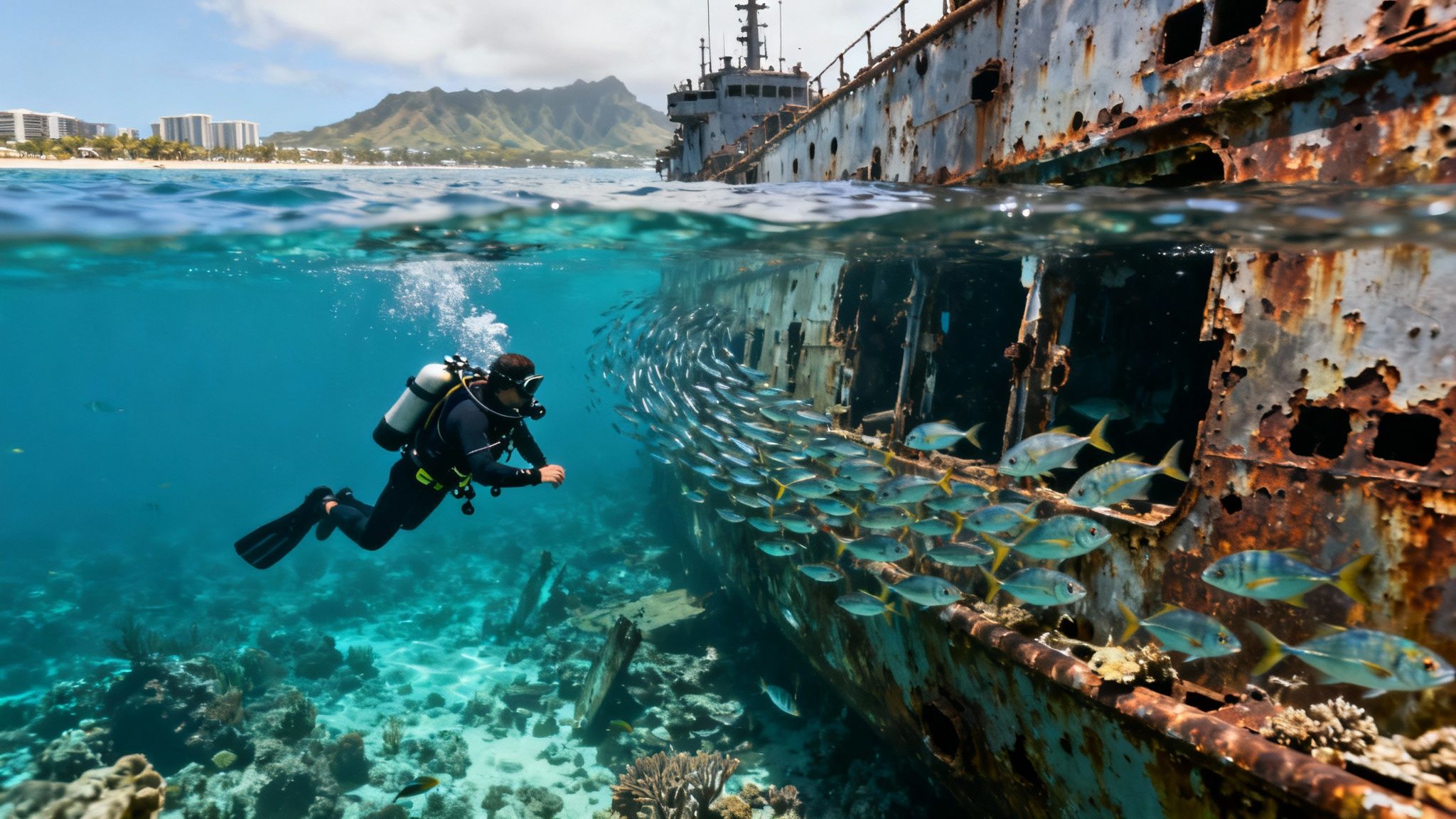 A scuba diver explores the sunken Sea Tiger wreck off the coast of Oahu, with schools of fish swimming around it.
