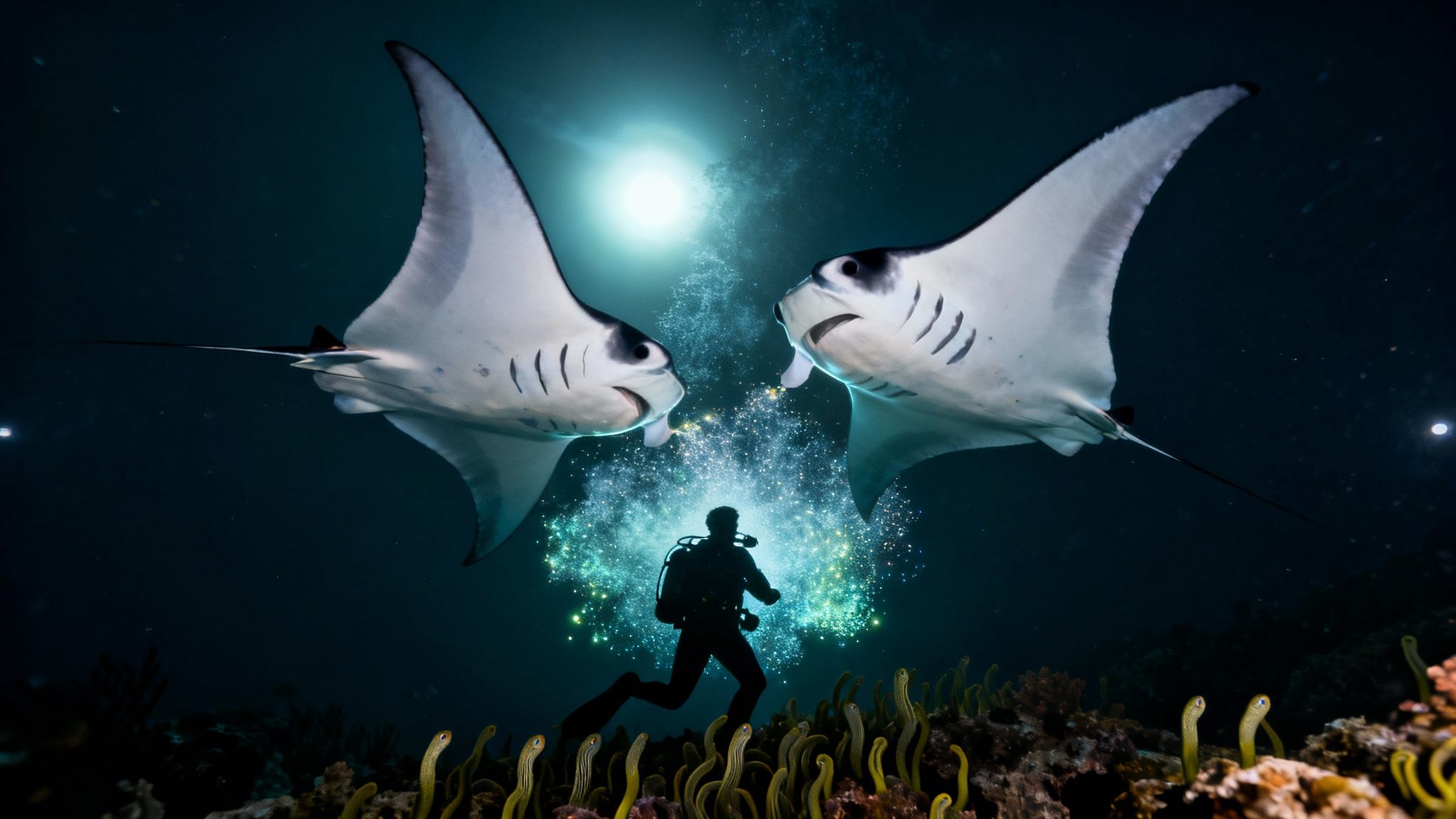 Two majestic manta rays swim above a silhouetted diver in the deep ocean with glowing particles.