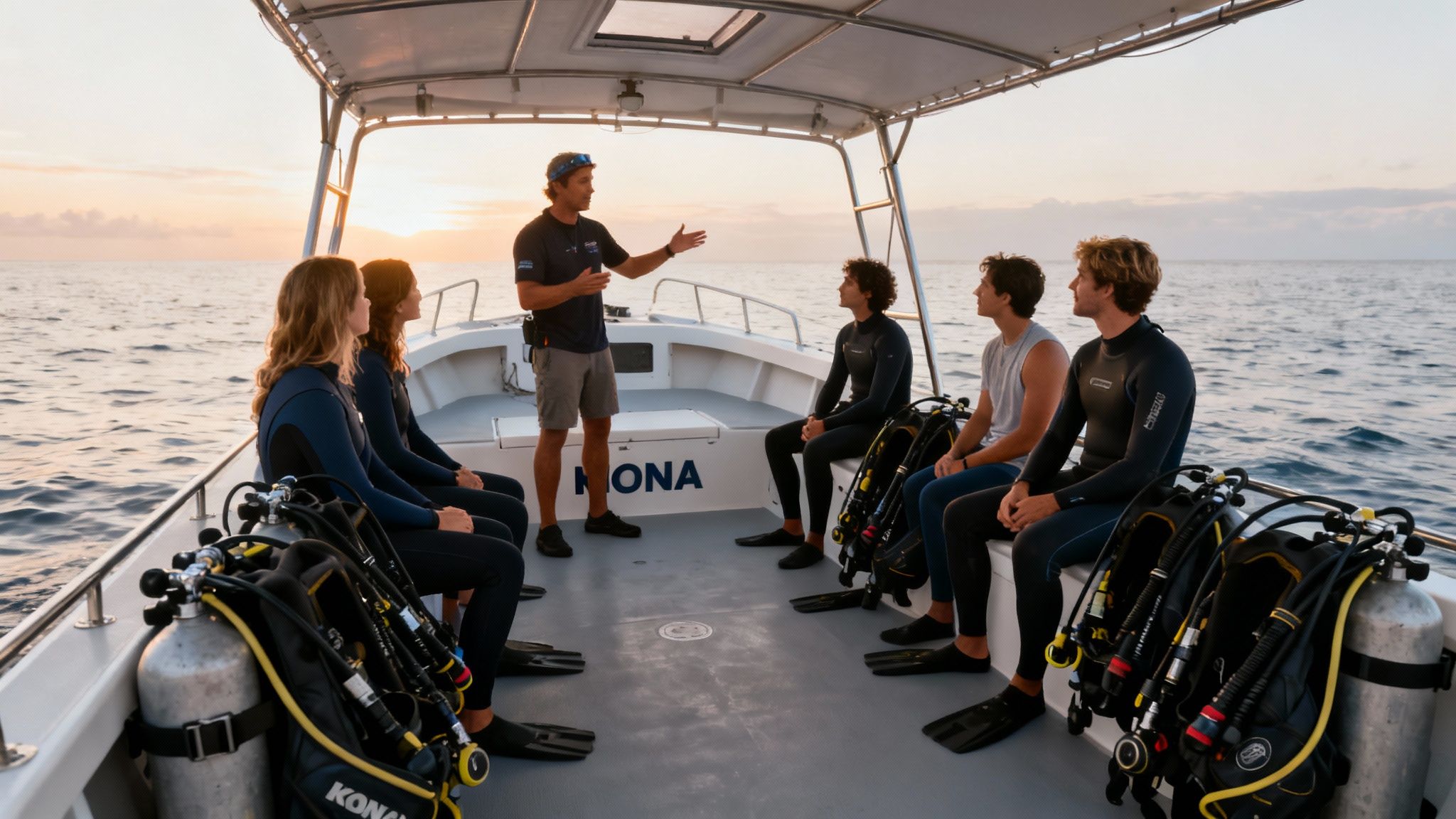 A diving instructor briefs a group of divers on a boat at sunset with scuba gear.