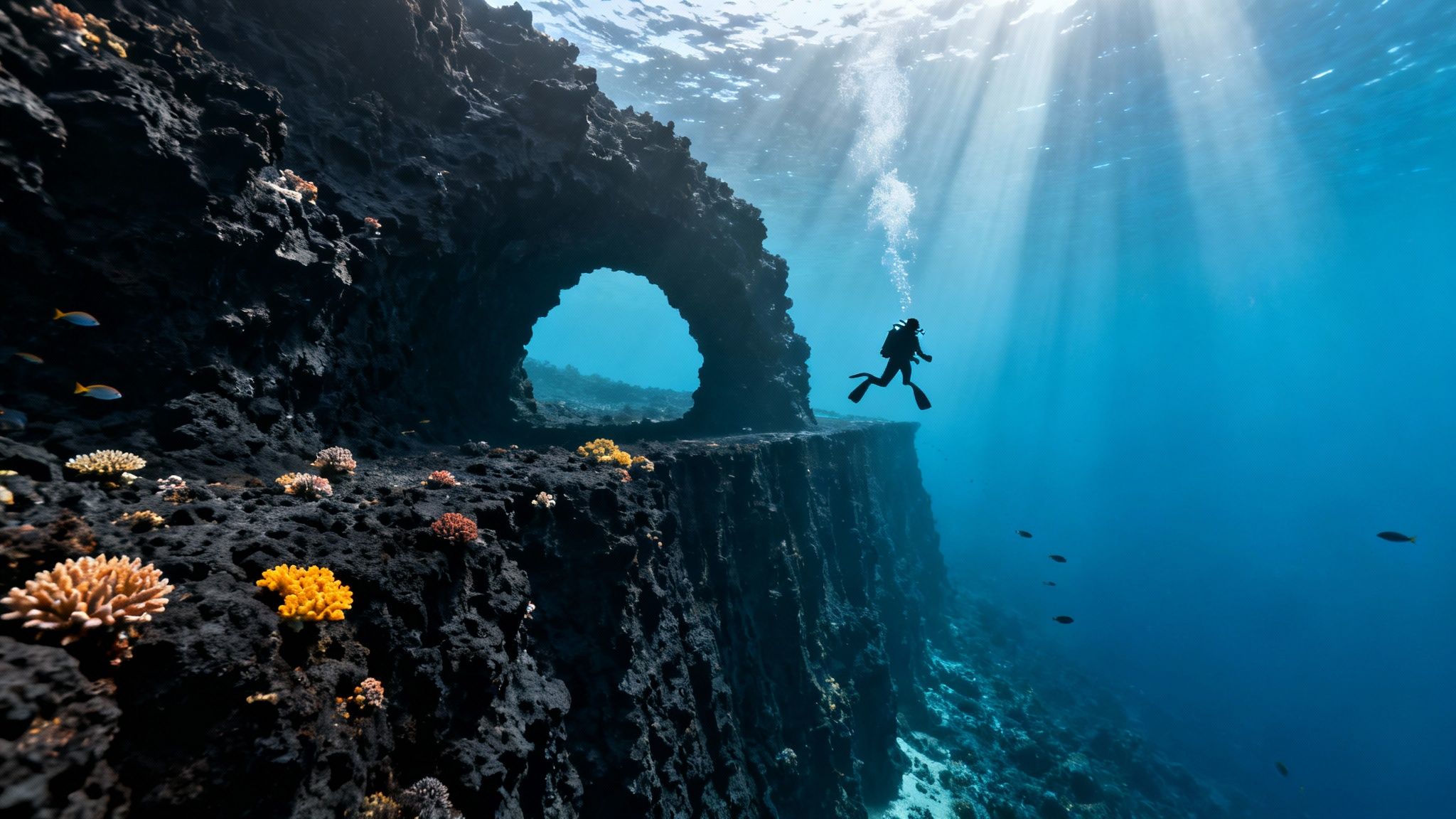 A scuba diver explores an underwater archway with sun rays piercing blue water and colorful corals.
