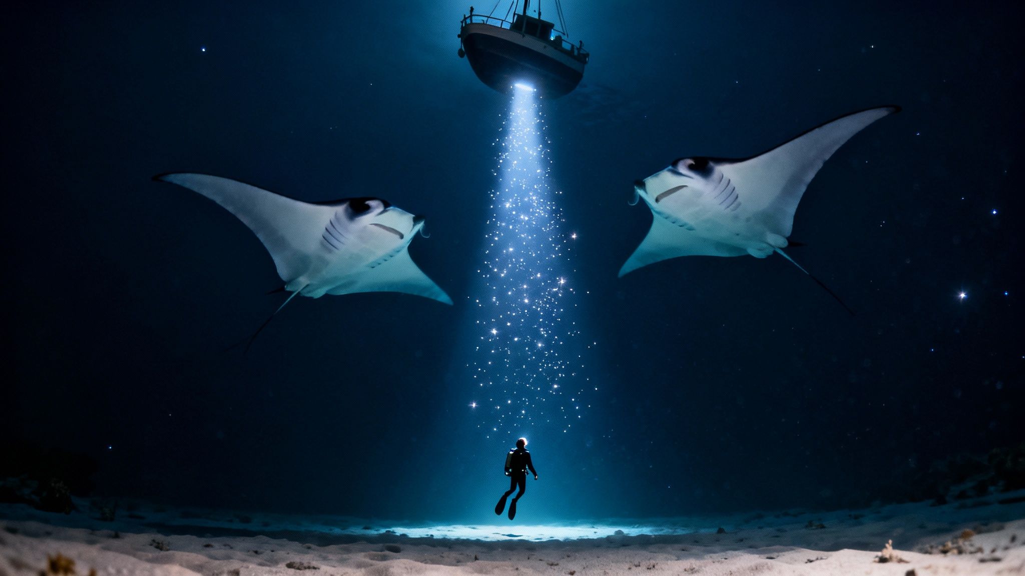 A diver illuminated by a boat's light beam, flanked by two manta rays in a deep, starry ocean.