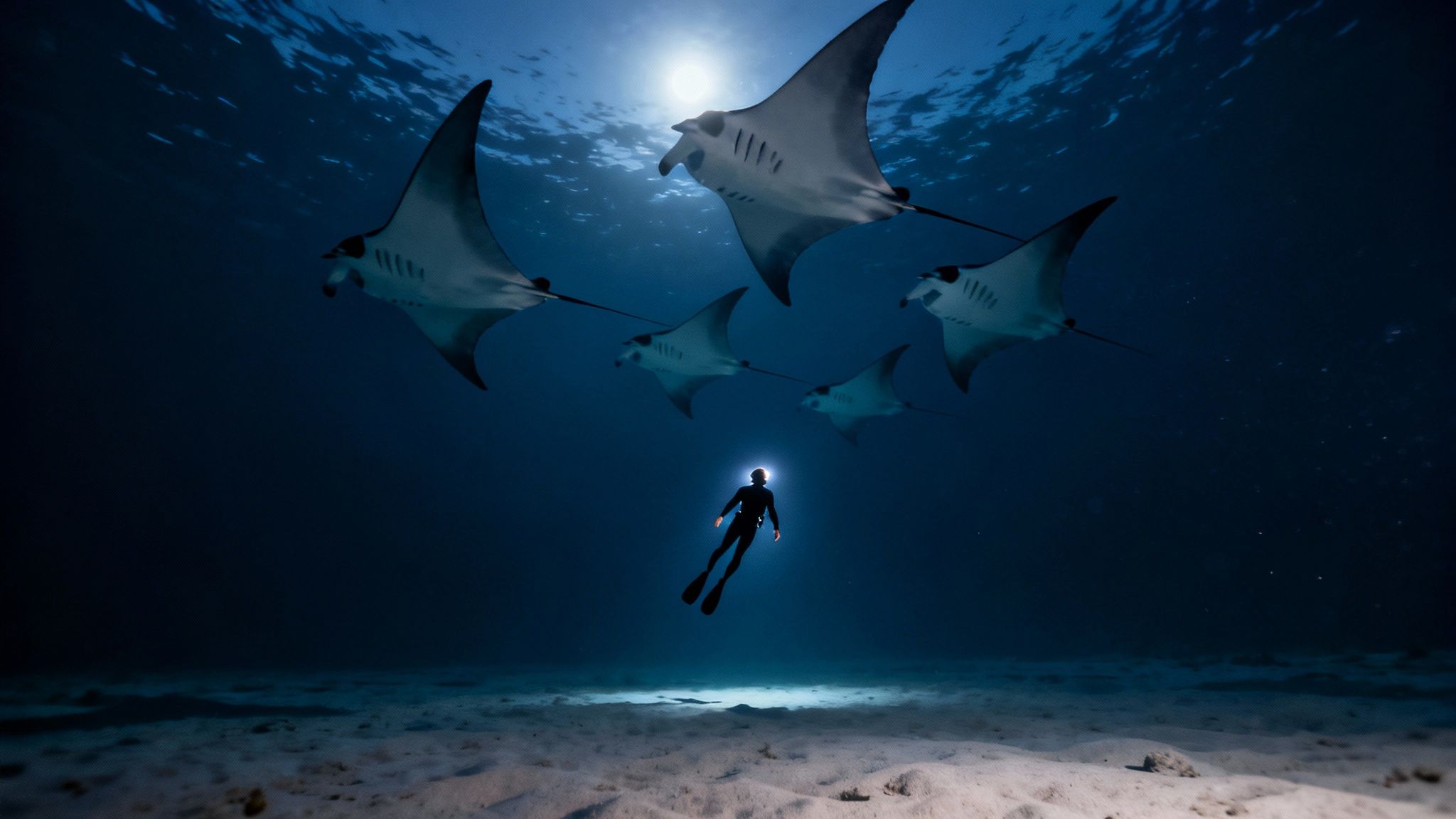 A diver with a headlamp swims deep underwater, surrounded by a school of majestic manta rays.